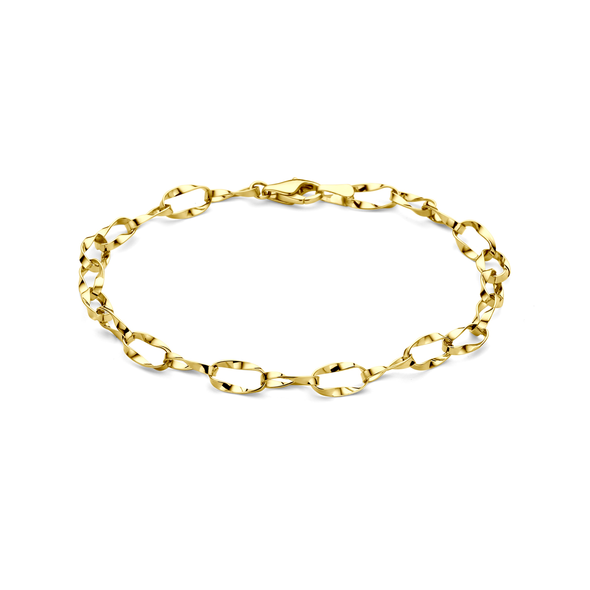 14k Geelgouden armband met een schakelbreedte van 5mm en een draaglengte van 19cm.