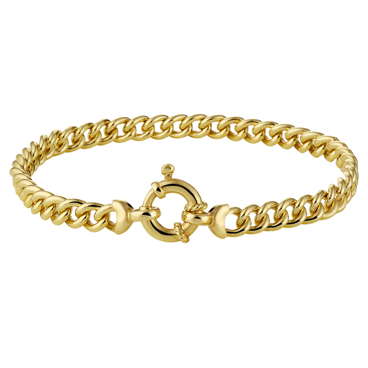 Sieraden van 14 karaat goud met daarin een kern van 925 zilver. Geelgouden armband met gourmette schakel. De schakelbreedte is 5.5mm.