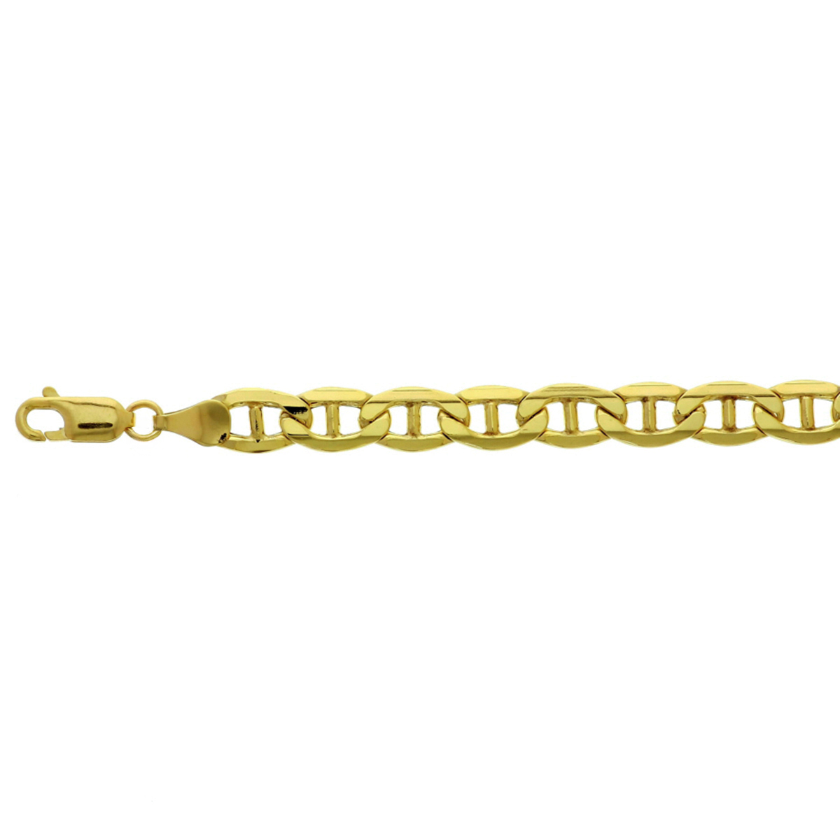 Sieraden van 14 karaat goud met daarin een kern van 925 zilver. Geelgouden lengte artikel met anker schakel. De schakelbreedte is 6.5mm.
