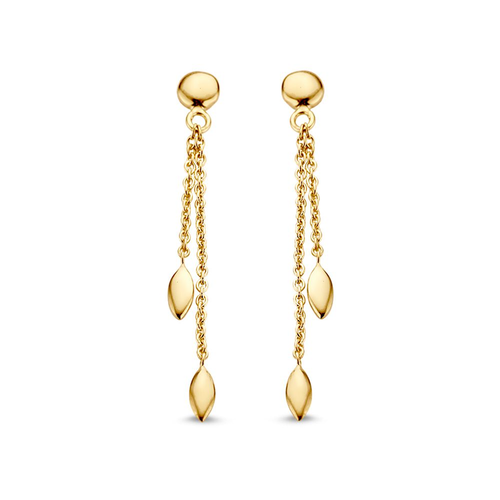 Gouden oorknop met gouden elementjes aan lange hangers.