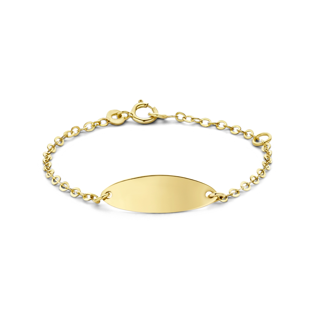 9k geel kleurig graveerarmband met een schakelbreedte van 1.7mm en een plaat van 6x17.5mm met een dikte van 0.4mm. Plaat is 6mm