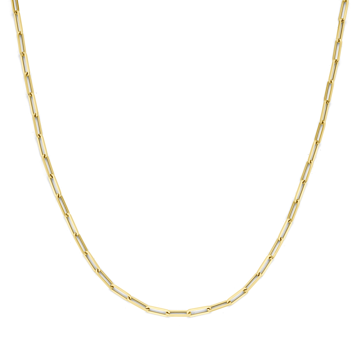 9k Geel kleurig collier met paperclip schakel. Het collier heeft een draaglengte van 45cm en een schakelbreedte van 3.0mm. Uitgevoerd met een karabijnsluiting.