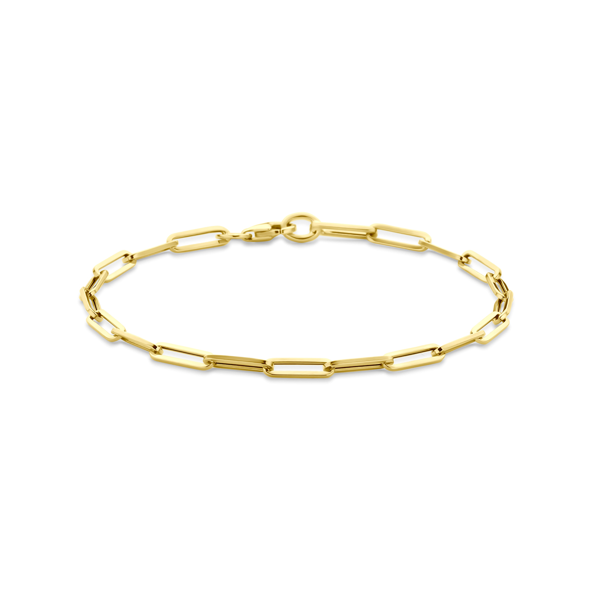 9k Geel kleurig paperclip armband met een paperclip schakel. De armband heeft een draaglengte van 19cm en is uitgevoerd met karabijnsluiting. De schakelbreedte is 3.0mm.