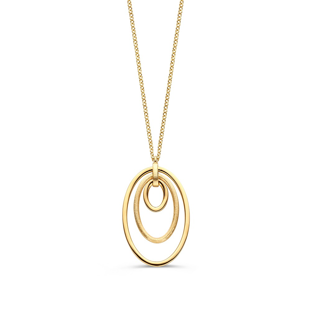 Geelgouden collier met opvallende hanger van drie ovale elementen die in elkaar vallen. Het middelste element is gematteerd afgewerkt.