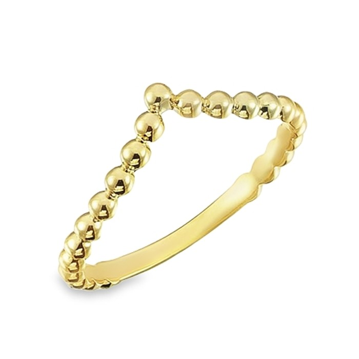De 14 Karaats Bolletjesring V Vorm is een prachtige juweel uit de categorie ringen. Deze ring heeft een elegant V-vormig ontwerp met fijne bolletjesdetails. Draag deze ring solo voor een subtiele look of combineer met andere ringen voor een speelse en moderne uitstraling. Perfect voor elke gelegenheid en stijlbewuste dames.