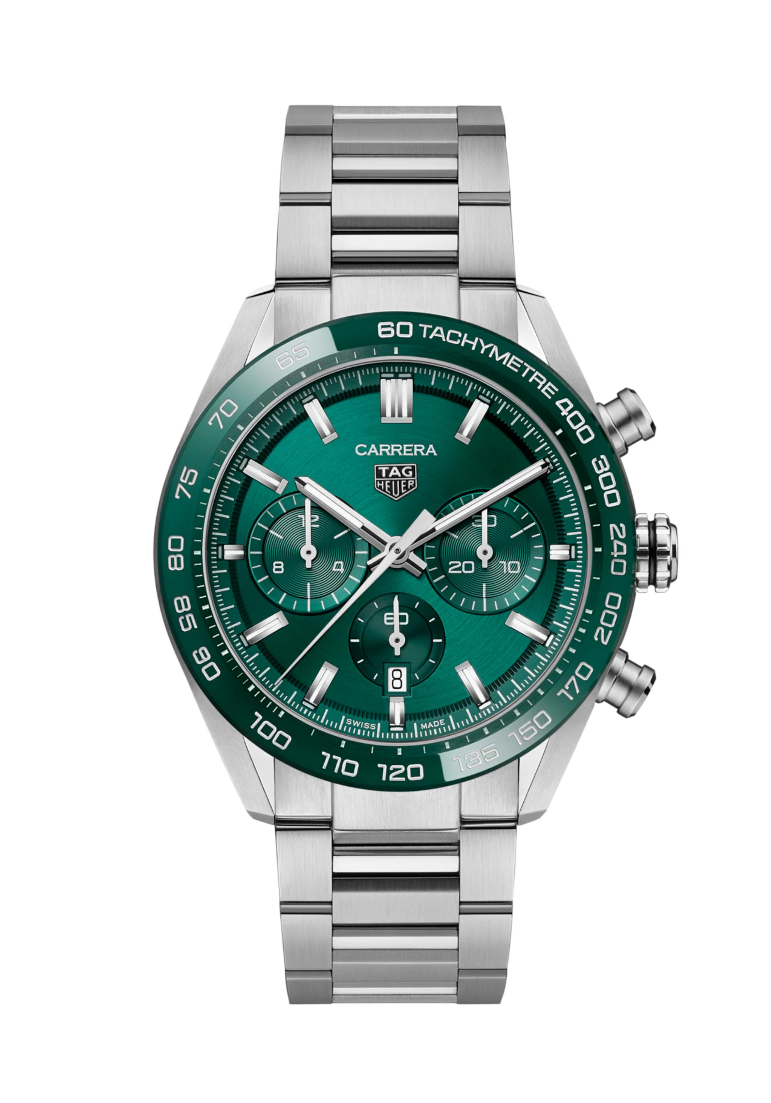 Dit TAG Heuer horloge behoort tot de Carrera collectie.
Referentienummer: CBN2A1N.BA0643

Dit ronde, klassieke TAG Heuer carrera horloge krijgt een trendy allure met een opvallende groene wijzerplaat en bijpassende keramische bezel. Het Sportieve ontwerp en monochrome kleurenschema dragen bij aan de aantrekkingskracht van dit avontuurlijke horloge.

De ronde, geborstelde wijzerplaat en de bijpassende vastebezel met tachymeter, gedrapeerd in intens groen, zorgen ervoor dat de gerhodineerde wijzers en indexen prachtig opvallen.

De 44mm kast van fijn geborsteld staal past perfect bij het afgeschuinde koepelvormige saffierglas met dubbele antireflectielaag.

Uw TAG Heuer horloge is 24 maanden na aankoop beschermd onder fabricage garantie. De duur van de garantieperiode van 2 jaar kan worden verlengd naar 5 jaar. Om dit te doen, nodigen wij u uit om een account aan te maken of in te loggen op uw MyTAGHeuer online account en vervolgens uw horloge te registreren. U ontvangt dan een gratis garantieverlenging van 3 jaar.