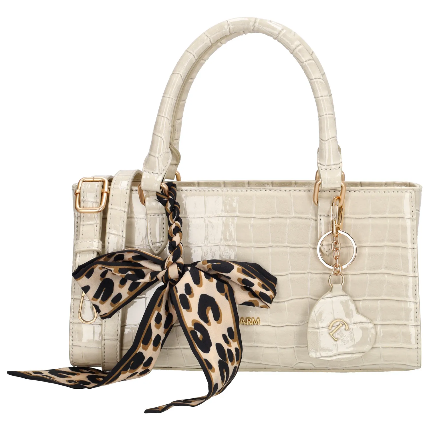 De Charm London Knightsbridge Handtas is een elegante tas met een stijlvolle croco laklook. Dankzij de dubbele handvatten draag je deze tas comfortabel in de hand of over de arm – perfect voor een dagje uit of een chique gelegenheid.

De tas sluit veilig met een ritssluiting en biedt binnenin een praktisch ritsvak en een telefoonvak, zodat je je essentials netjes kunt organiseren. De glanzende goudkleurige details geven de tas een luxueuze uitstraling.

Als speels detail is de tas afgewerkt met een hartvormige sleutelhanger met spiegeltje en een decoratief sjaaltje dat op meerdere manieren te dragen is.

Kenmerken:


Croco laklook

Ritssluiting

Ritsvak en telefoonvak aan de binnenkant

Dubbele handvatten

Verstelbare en afneembare schouderband

Hartvormige sleutelhanger met spiegel

Inclusief decoratief sjaaltje