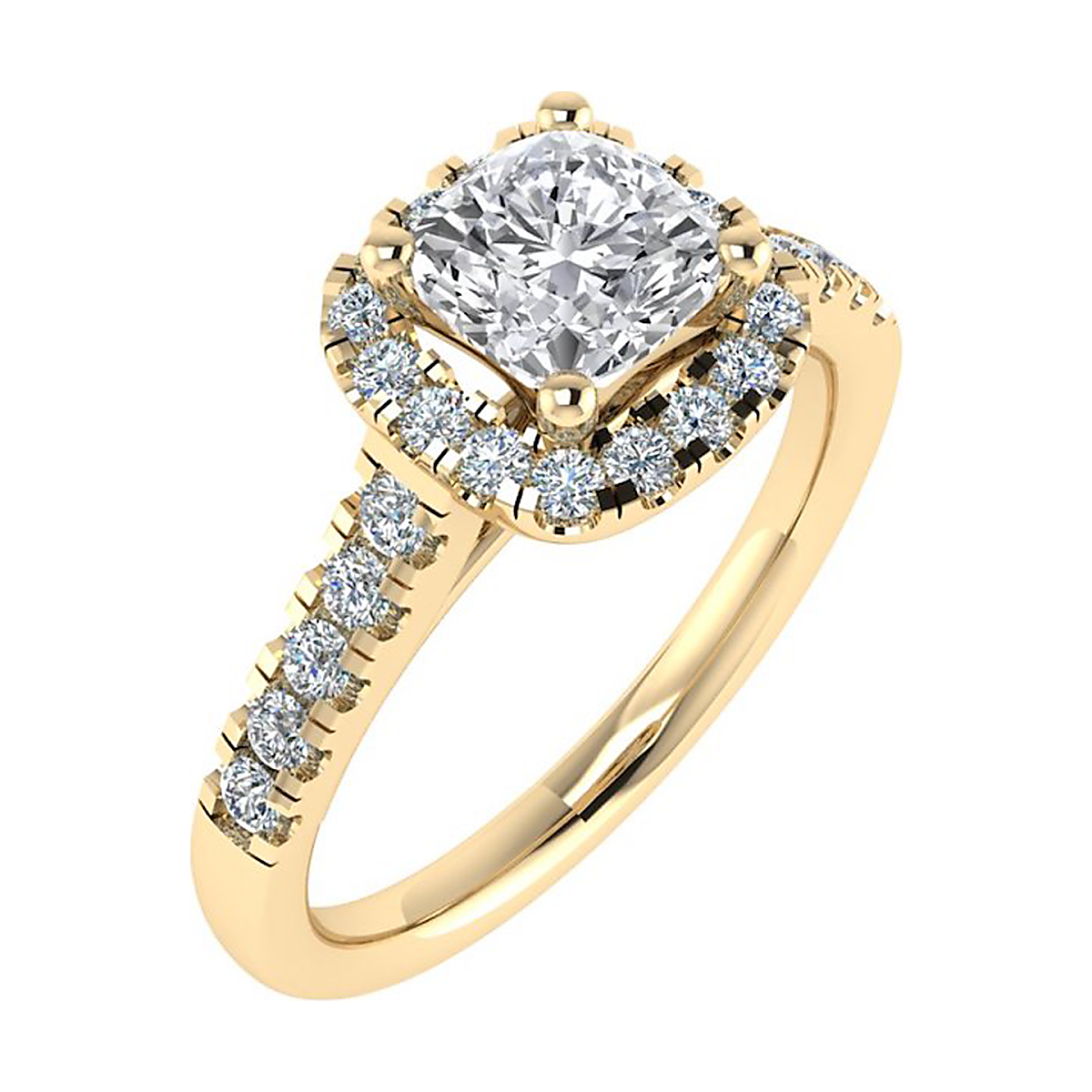 Ontdek de schoonheid van deze 14k gouden ring met lab-gecreëerde cushion diamanten van 1,06 crt, modelnummer LD21453. Deze verfijnde gouden ring, maat 54, is perfect als verlovingsring. De diamanten hebben een D-kleur en een zuiverheid van VS1. Draag deze schitterende ring op speciale gelegenheden om zijn sprankelende glans te benadrukken. Midden lab diamant is 1,06 caraat met een Cushion cut en zijde stenen zijn 0,33 caraat. Ring wordt geleverd met een IGI diamanten certificaat. 