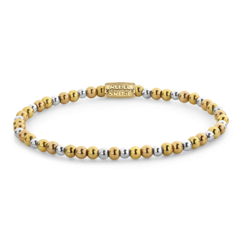 Armband van het merk Rebel & Rose. De armband heeft een hoogwaardige elastische stretch koord, met 4mm van RVS ion-gold plated, Stainless Steel.