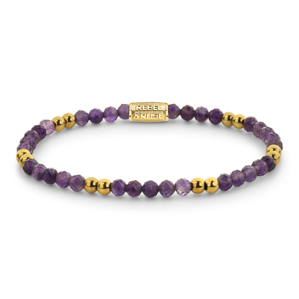 Armband van het merk Rebel & Rose. De armband heeft een hoogwaardige elastische stretch koord, met 4mm van Amethist, RVS ion-gold plated.
