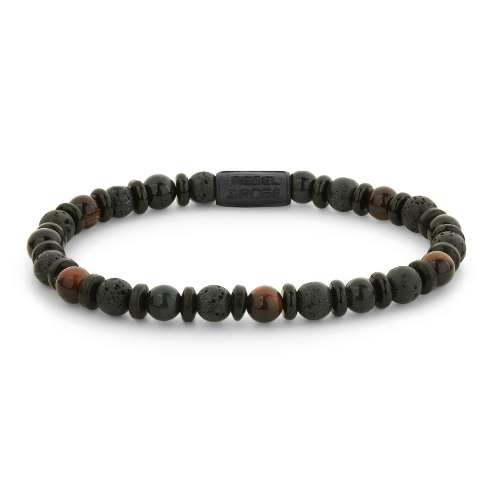 Bead armband, handgemaakt van 6 mm kralen (Agaat, Tijgeroog Blauw, Tijgeroog Rood, Lava) met een roestvrijstalen zwarte sluiting. De Rebel & Rose sieraden zijn gemakkelijk te combineren met andere zilveren, leren of kralen armbanden.