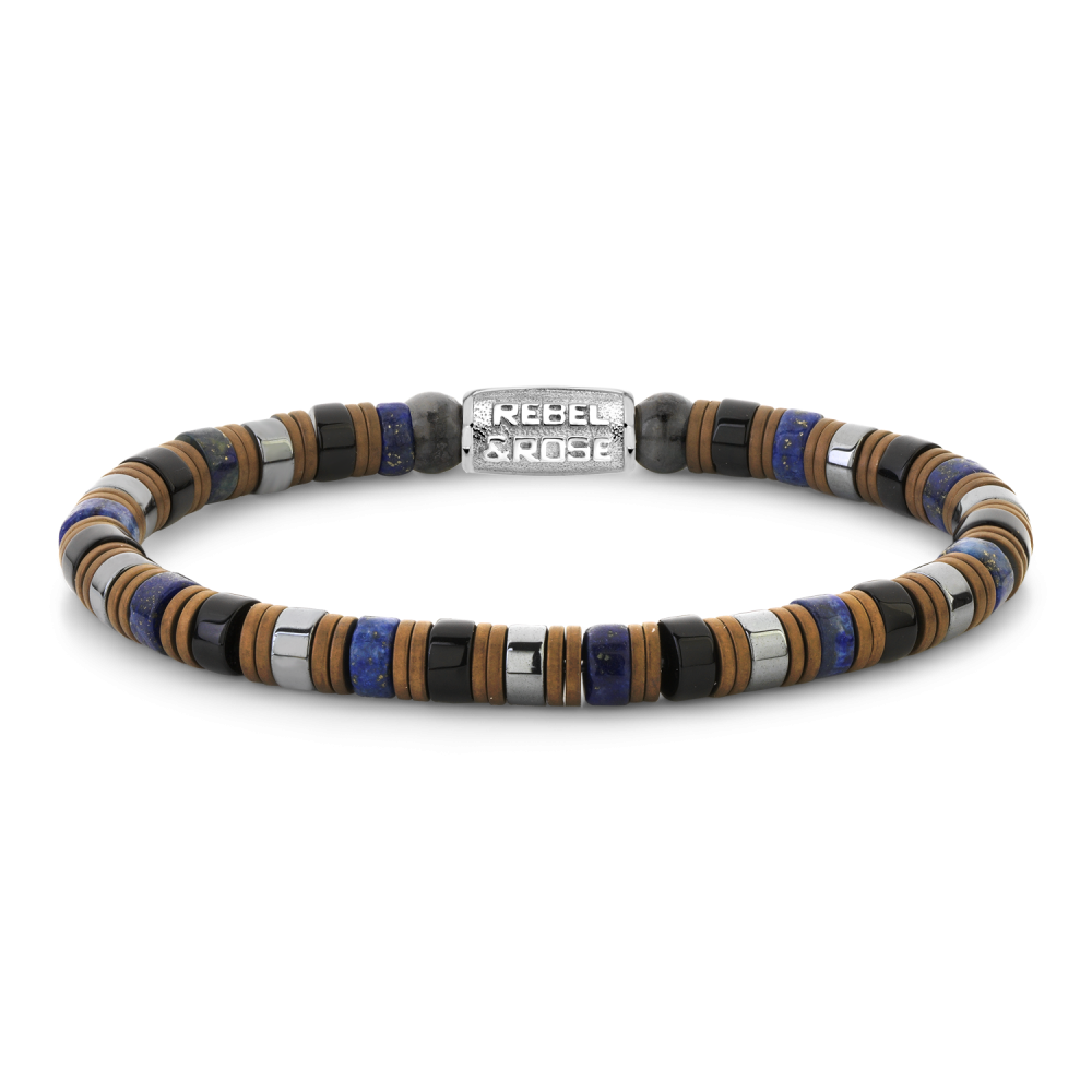 Armband van het merk Rebel & Rose. De armband heeft een hoogwaardige elastische stretch koord, met 6mm van Hematite, Black stone, Artificial Lapis Lazulli.