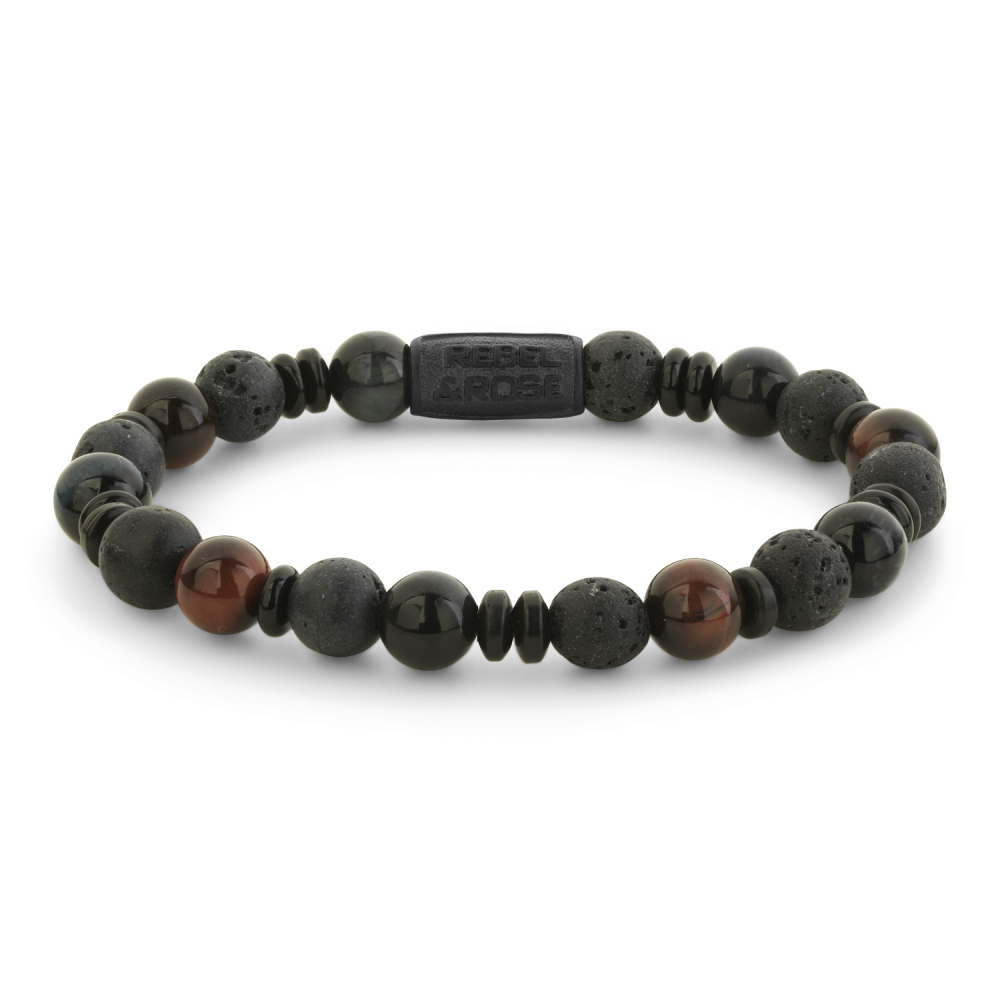 Bead armband, handgemaakt van 8 mm kralen (Agaat, Tijgeroog Blauw, Tijgeroog Rood, Lava) met een roestvrijstalen zwarte sluiting. De Rebel & Rose sieraden zijn gemakkelijk te combineren met andere zilveren, leren of kralen armbanden.