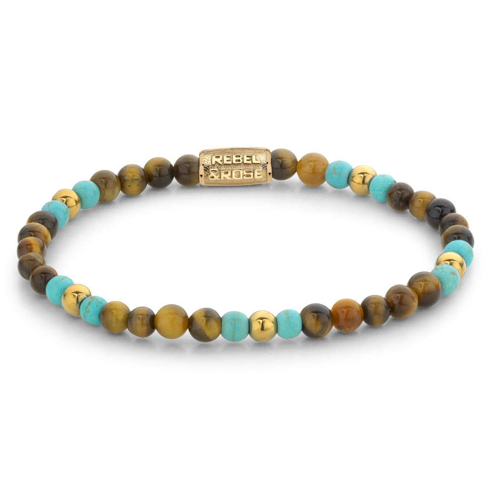 De Rebel & Rose Mix Tiger Turquoise RR-40063-G-S armband heeft een bruin juweelkleur en een breedte van 4 mm. Perfect voor een stijlvolle look. Draag het solo of combineer met andere armbanden voor een trendy mix. Ideaal voor elke gelegenheid!