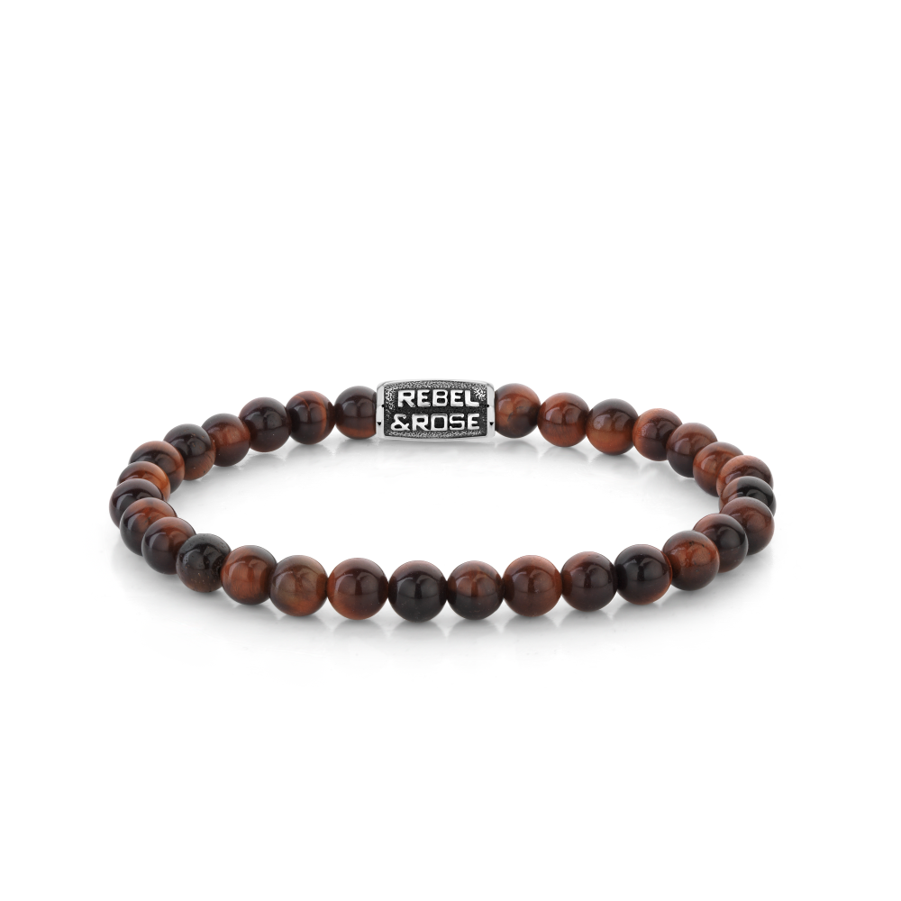 Natuurstenen armband van het merk Rebel & Rose. De armband heeft een hoogwaardige elastische stretch koord, 8mm bordeaux-rode Tijgeroog natuurstenen beads en RVS slotje
