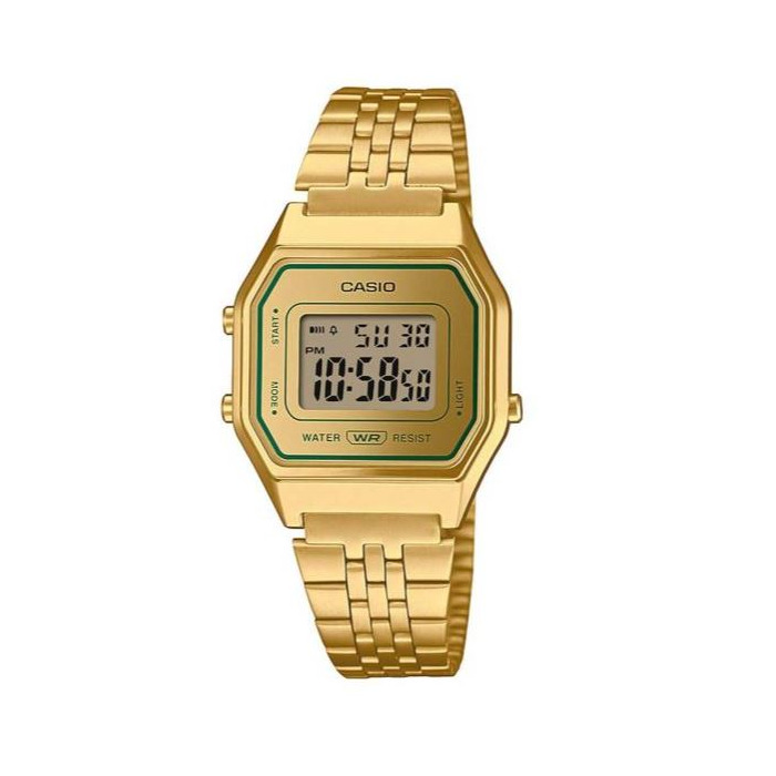 Charmant klassiek met een opvallend goud en groen kleurenschema.

De immer populaire LA680 heeft groene accenten tegen een gouden basis - een tijdloos, maar eigentijds unisex ontwerp. De metalen armband met meerdere rijen heeft een matte afwerking en is gecombineerd met een gedampt horlogeglas voor een prachtige gloed.

Niet alleen cool, maar ook praktisch. Geniet van handige functies zoals LED-achtergrondverlichting, stopwatch, alarm en meer.