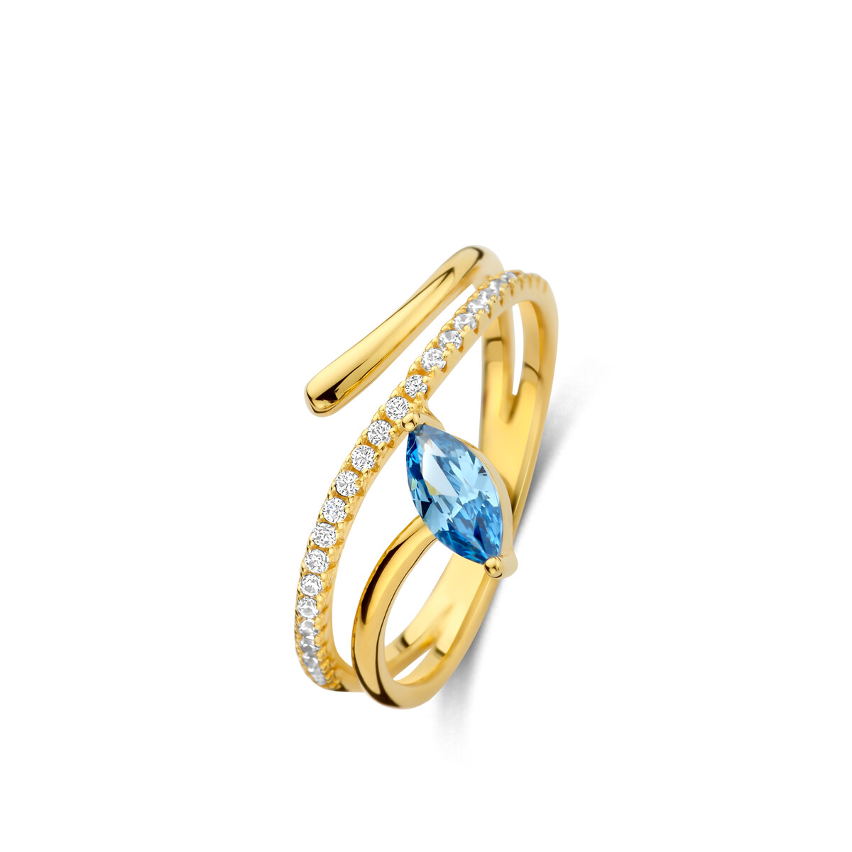 Naiomy Zilveren Geel Vergulde Ring model N5F63 is een elegante ring gemaakt van 925 sterling zilver. De ring is nikkelvrij en heeft een gouden kleur door de geel vergulde afwerking. Versierd met blauwe en witte zirkonia stenen, weegt hij 2,2 gram. Verkrijgbaar in verschillende maten. Perfect te dragen bij chique gelegenheden voor een stijlvolle uitstraling.