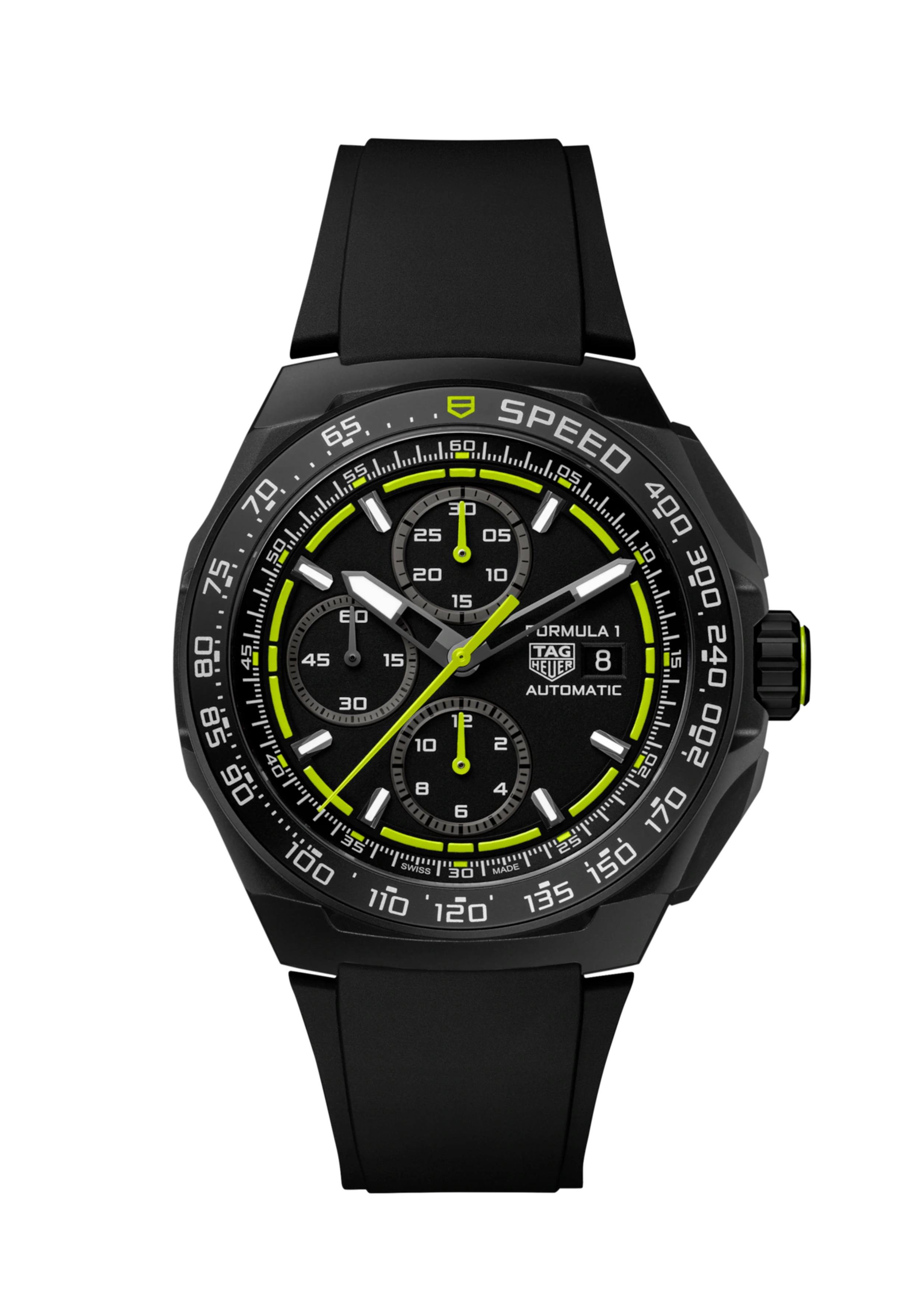 Dit TAG Heuer horloge behoort tot de Formula 1 collectie.
Referentienummer: CBZ2086.FT8098

De TAG Heuer Formule 1 Chronograaf introduceert een gedurfd nieuw kleurenschema in 44 mm. Met limoenkleurige accenten en een dynamisch design is dit horloge gemaakt voor de moderne racer die precisie en stijl waardeert.

De zwarte opaal wijzerplaat is omgeven door een limoenkleurige gelakte rand, wat het horloge een frisse, moderne uitstraling geeft. Lichtgevende wijzers en indexen zorgen voor afleesbaarheid overdag en 's nachts, terwijl de tachymeterring de race-roots van het horloge benadrukt.
De kast is gemaakt van titanium klasse 2 met een zwarte DLC-coating en combineert uitzonderlijke duurzaamheid met een gedurfde stijl. Waterbestendig tot 200 meter zorgt voor veelzijdigheid, terwijl de tweekleurige rubberen band een opvallende afwerking toevoegt.

Deze chronograaf wordt aangedreven door een automatisch uurwerk en biedt betrouwbare tijdwaarneming. De gezandstraalde drukknoppen en geschroefde kroon versterken het robuuste, race-geïnspireerde design van het horloge.

Uw TAG Heuer horloge is 24 maanden na aankoop beschermd onder fabricage garantie. De duur van de garantieperiode van 2 jaar kan worden verlengd naar 5 jaar. Om dit te doen, nodigen wij u uit om een account aan te maken of in te loggen op uw MyTAGHeuer online account en vervolgens uw horloge te registreren. U ontvangt dan een gratis garantieverlenging van 3 jaar.