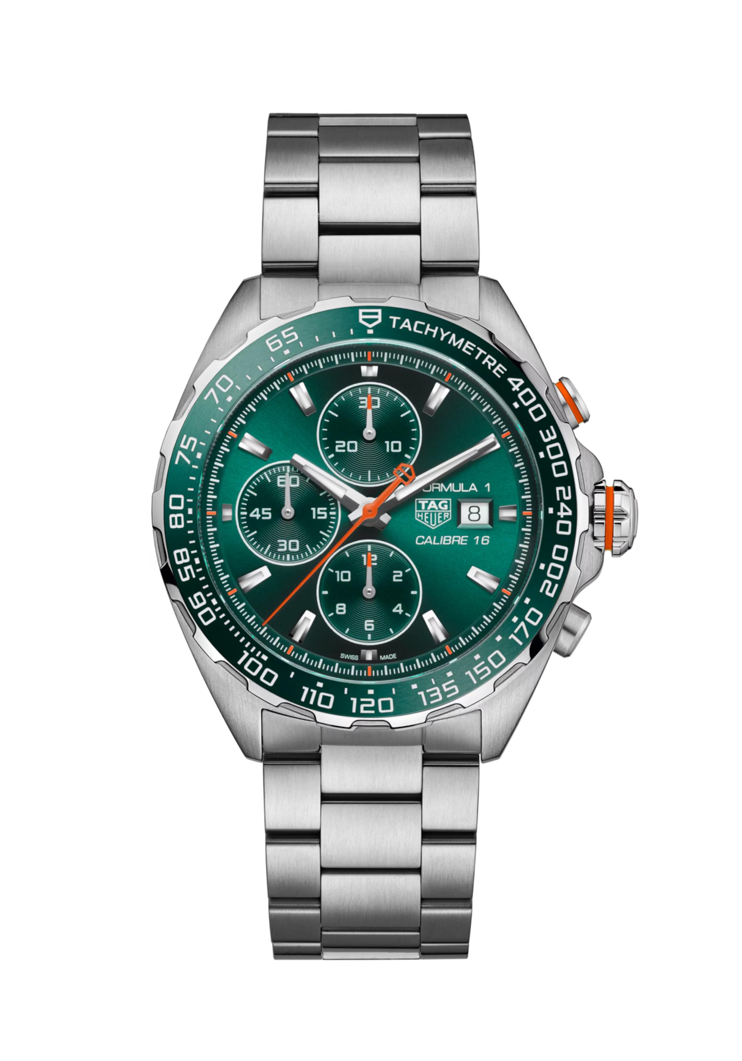 Dit TAG Heuer horloge behoort tot de Formula 1 collectie.
Referentienummer: CAZ201H.BA0876

Elegantie en een sportieve flair ontmoeten elkaar in deze TAG Heuer Formula 1 chronograaf. Met een opvallende groene wijzerplaat met levendige oranje accenten maakt dit 44mm horloge een statement van dynamische verfijning. 

De Fascinerende groene sunray geborstelde wijzerplaat heeft drie groene subials en oranje accenten die een levendig tintje toevoegen aan dit race-geïnspireerde horloge. 
De keramische groene tachymeterring is omhuld door een stalen kast en wordt geaccentueerd door sportieve oranje gelakte details op de kroon en de 2-uur drukker.

Het horloge wordt aangedreven door het automatische Calibre 16 uurwerk met 41 uur gangreserve.

Uw TAG Heuer horloge is 24 maanden na aankoop beschermd onder fabricage garantie. De duur van de garantieperiode van 2 jaar kan worden verlengd naar 5 jaar. Om dit te doen, nodigen wij u uit om een account aan te maken of in te loggen op uw MyTAGHeuer online account en vervolgens uw horloge te registreren. U ontvangt dan een gratis garantieverlenging van 3 jaar.