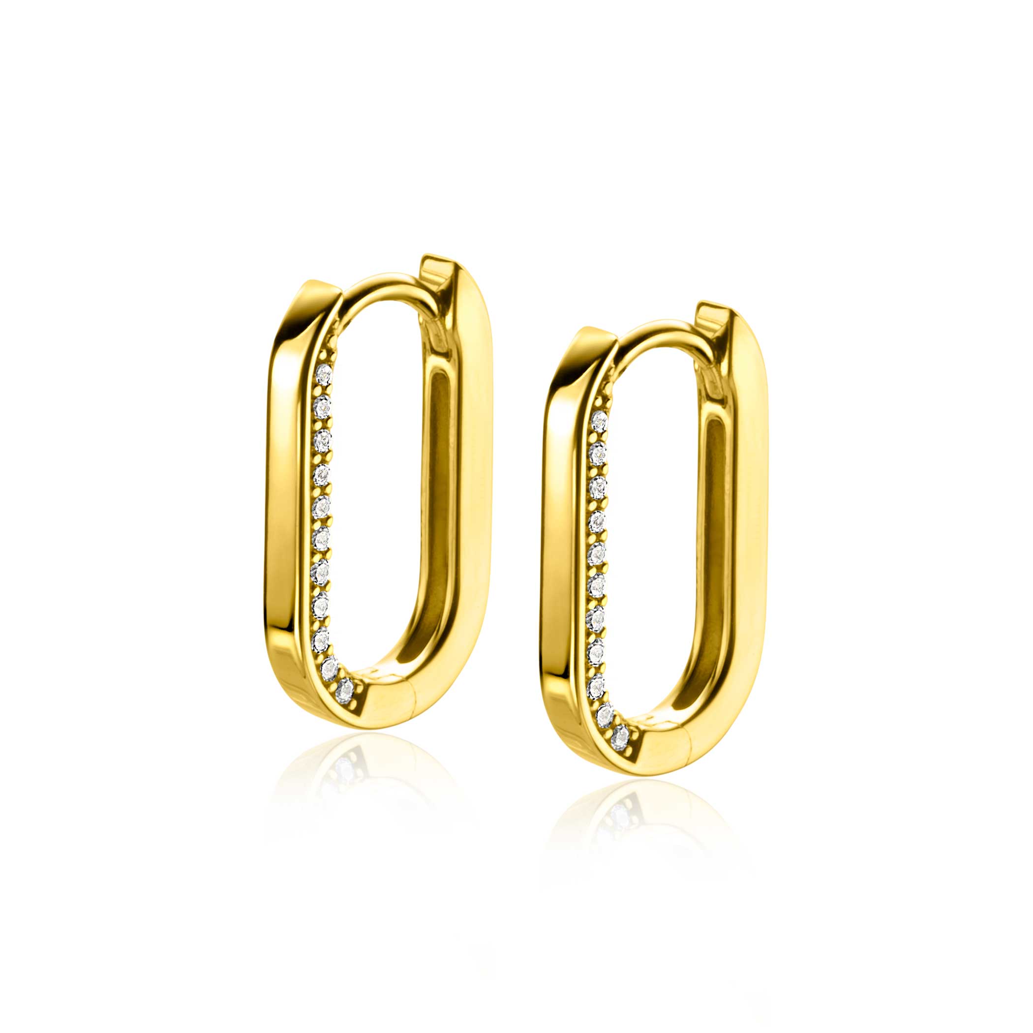 ZINZI  zilveren vergulde luxe oorringen ovale vorm 20mm zijkant witte zirconia's ZIO2319Y