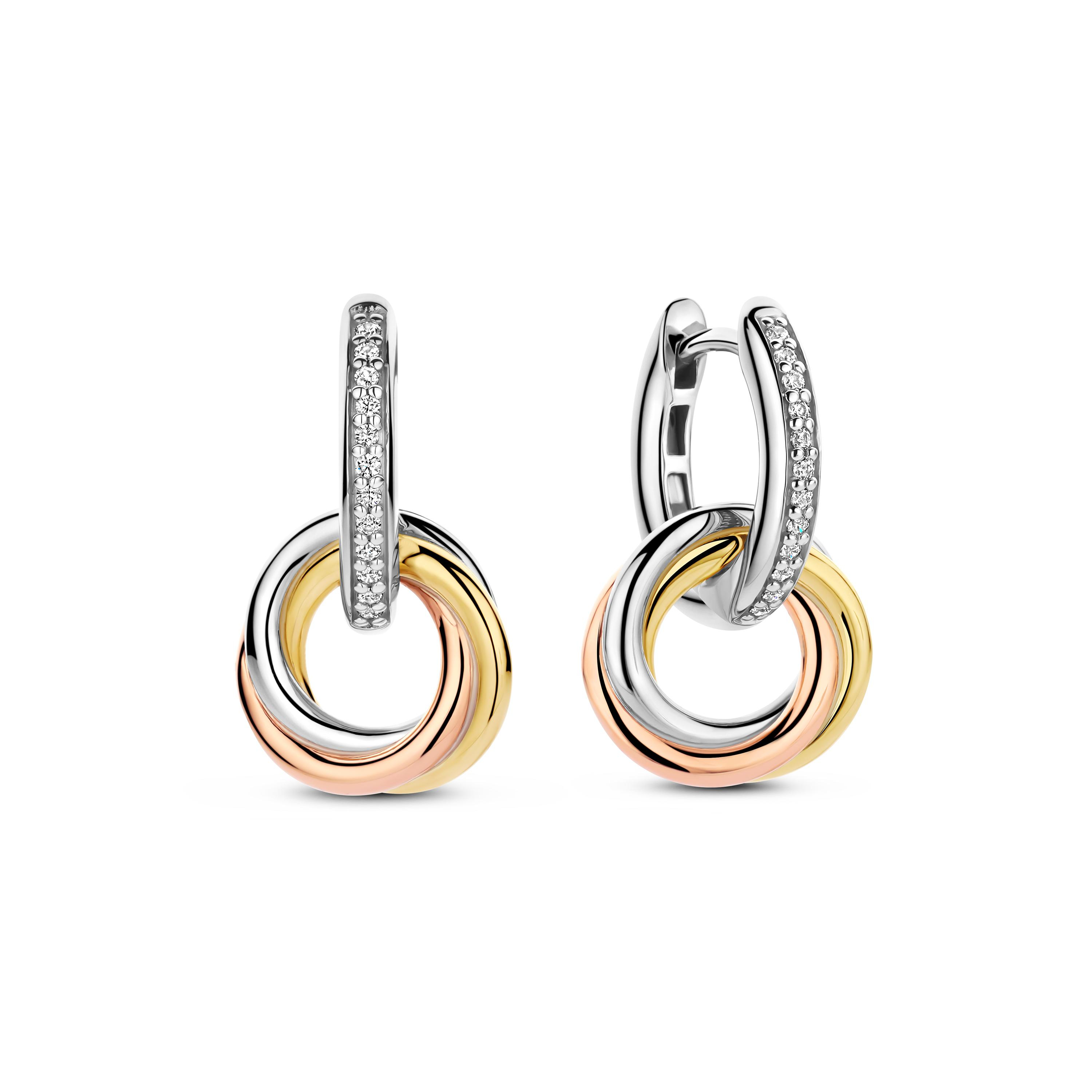 Ti Sento Milano - Zilveren klapcreolen bezet met zirconia's, incl tricolor aanhanger - 7857ZT