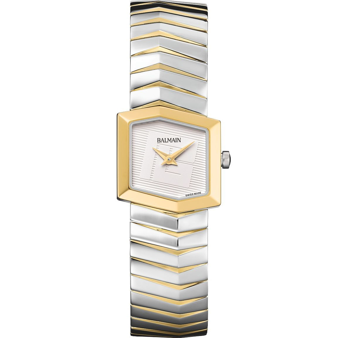De Balmain Taffetas, is een horloge met een Bijzondere Zeshoekige kast en saffierglas. De witte wijzerplaat heeft geen indexen, wat zorgt voor een strakke uitstraling. Draag dit stijlvolle horloge bij formele en casual outfits voor een verfijnde look. 