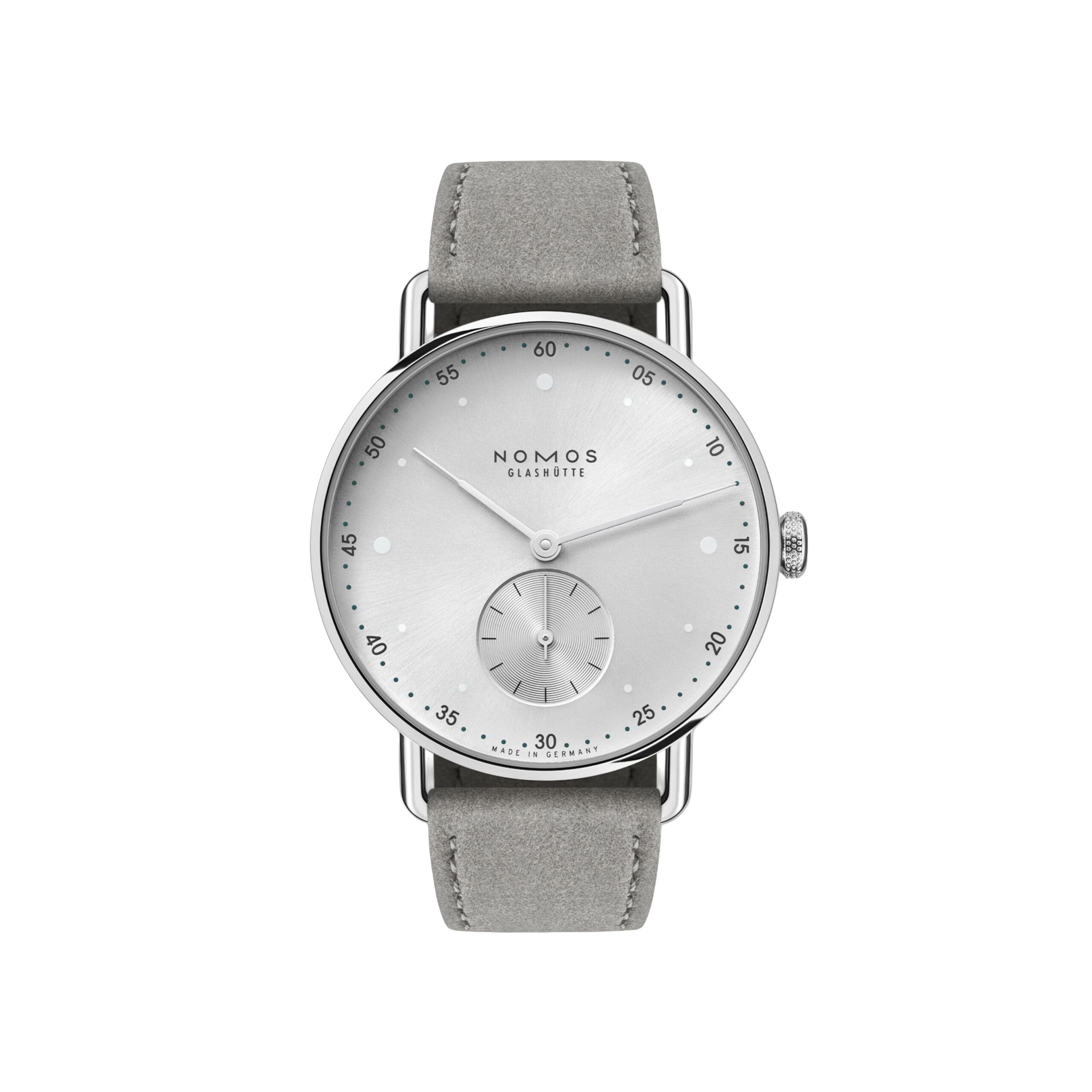 All silver like the facades of the skyscrapers lining the city streets—all glass and stainless steel. No concrete, but with a premium strap made of vegan velour in velvet gray. Five-minute intervals play a leading role in Metro’s design, while the long, straight hands are stepped like the Empire State Building. With the hand-wound Alpha caliber, made by NOMOS in Glashütte, and a smart diameter of just 33 millimeters.