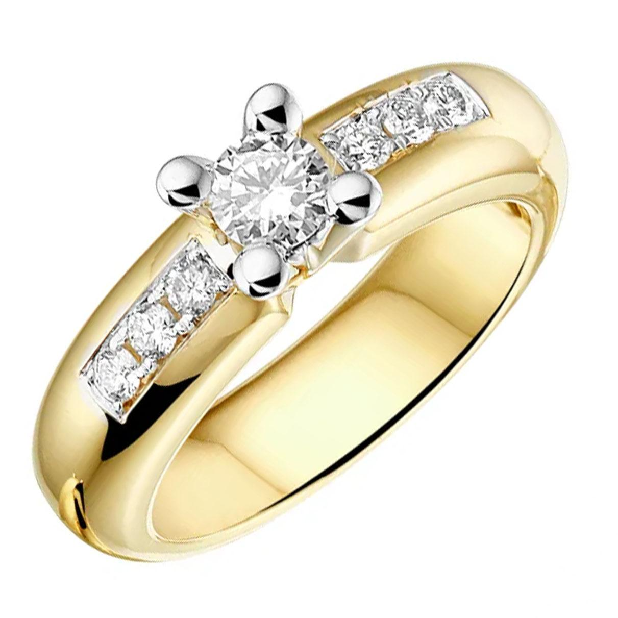 Huiscollectie - 14kt Bicolor geel/witgouden damesring, 0.30ct briljant geslepen diamant in 4pt chaton, en 6 briljant geslepen diamanten in de scheen - GD1821 14k