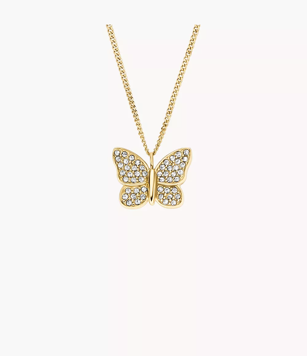 Deze ketting symboliseert zelfvertrouwen en transformatie en is voorzien van een goudkleurige vlinder van roestvrij staal, geaccentueerd met pavékristallen. De verfijnde details van de hanger vangen het licht en geven het ontwerp een subtiele glans. De gepolijste ketting is verstelbaar met een veilige karabijnsluiting. Het ingetogen silhouet maakt hem een ​​moeiteloze aanvulling op elke sieradencollectie.