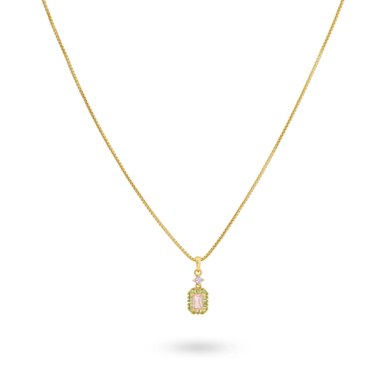 zilveren 24Kae collier, verguld rechthoek+ groen/roze/paars cz