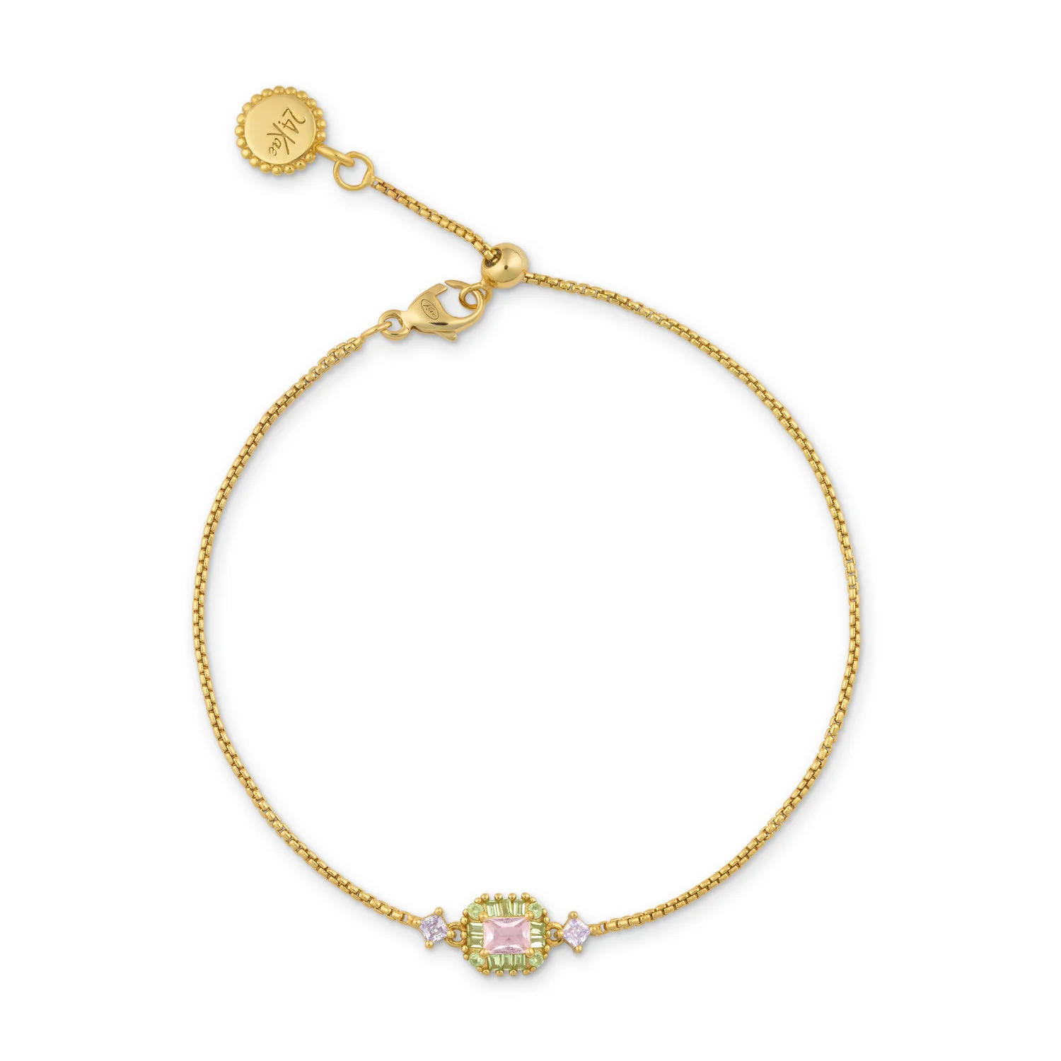 zilveren 24Kae armband, verguld rechthoek+ groen/roze/paars cz