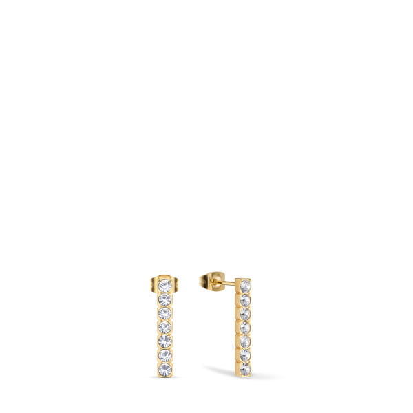  Minimalistische elegantie met een vleugje luxe: Deze oorstekers uit de Arctic Pavé Collection combineren moderne eenvoud met sprankelende details. Het goudkleurige roestvrij staal is versierd met een rij heldere kristalglasstenen die het licht opvangen en zorgen voor een elegante uitstraling.  De perfecte keuze voor zowel dagelijks gebruik als speciale gelegenheden. De klassieke vlindersluiting zorgt voor een comfortabele pasvorm de hele dag door. 