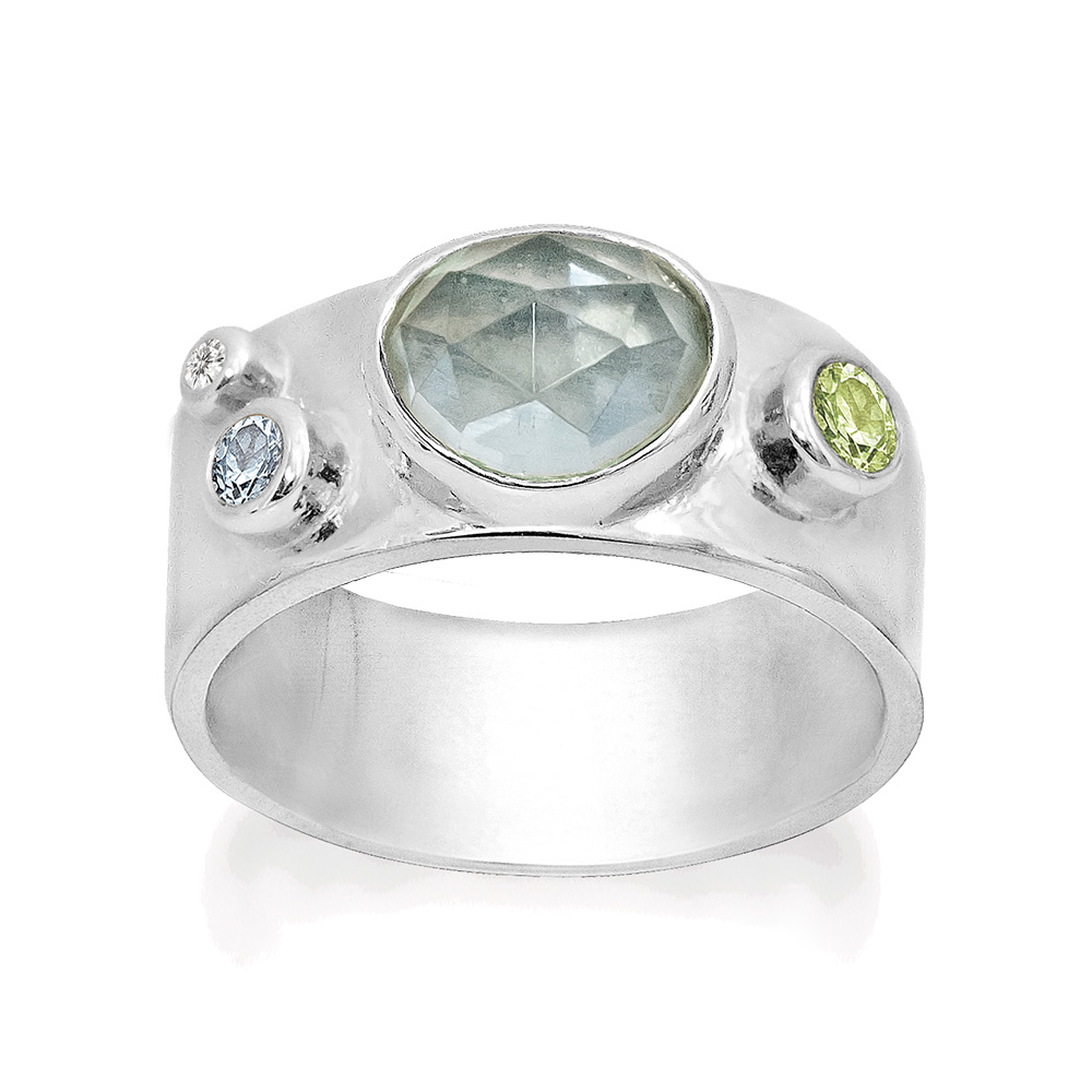 Zilveren Rabinovich ring Calm Creek met blauwe kwarts, peridot en zirkonia. Maat 56