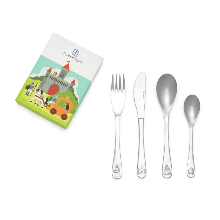 Eten wordt n&oacute;g leuker met dit 4-delige kinderbestek met als thema Ridders en Prinsessen. Het bestek bestaat uit een mes, vork, lepel en paplepeltje, is gemaakt van hoogwaardig 18/10 roestvrij staal en kan gegraveerd worden. Het kan gereinigd worden in de vaatwasser. Wel zo handig! De kleurrijke verpakking maakt het bestek uitermate geschikt om te cadeau te geven.