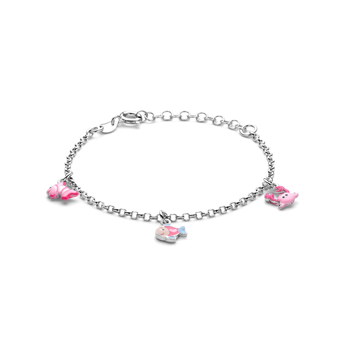 Gerhodineerd 925 zilveren armband uitgevoerd met zeedieren. De armband heeft een draaglengte van 13cm met 3cm extensie.
