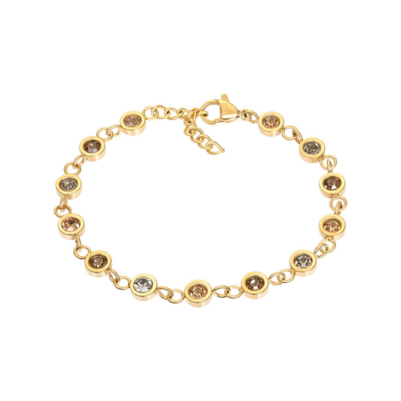 IXXXI armband stainless steel. De armband bestaat uit ronde cupes met zirconia's stenen erin met verschillende kleuren. 