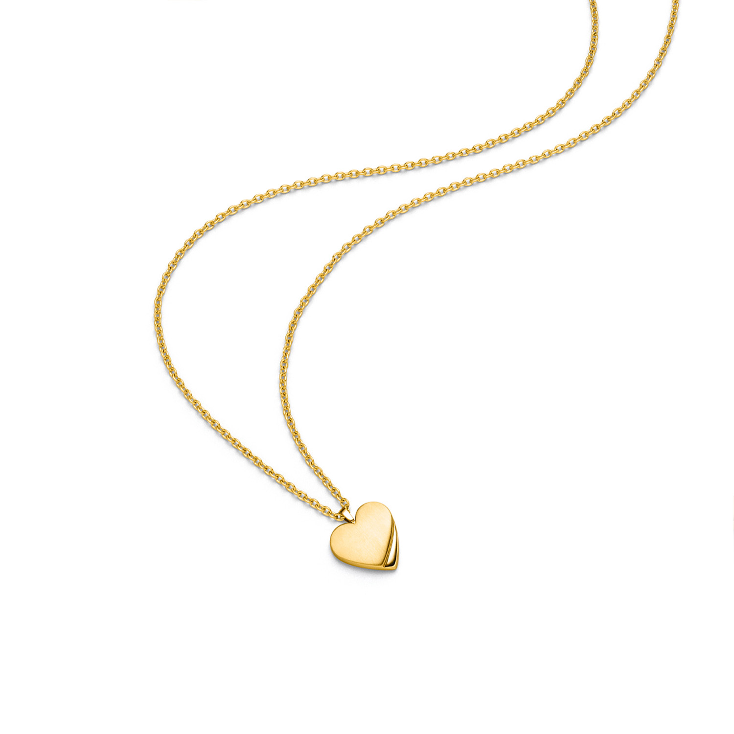 Een mooie titanium, goudkleurige ketting met een sierlijk hartje als hanger. De ketting heeft een ankerschakel, een lengte van 42 cm en een karabijnsluiting. Combineer de ketting met de bijpassende oorbellen voor een complete look.
