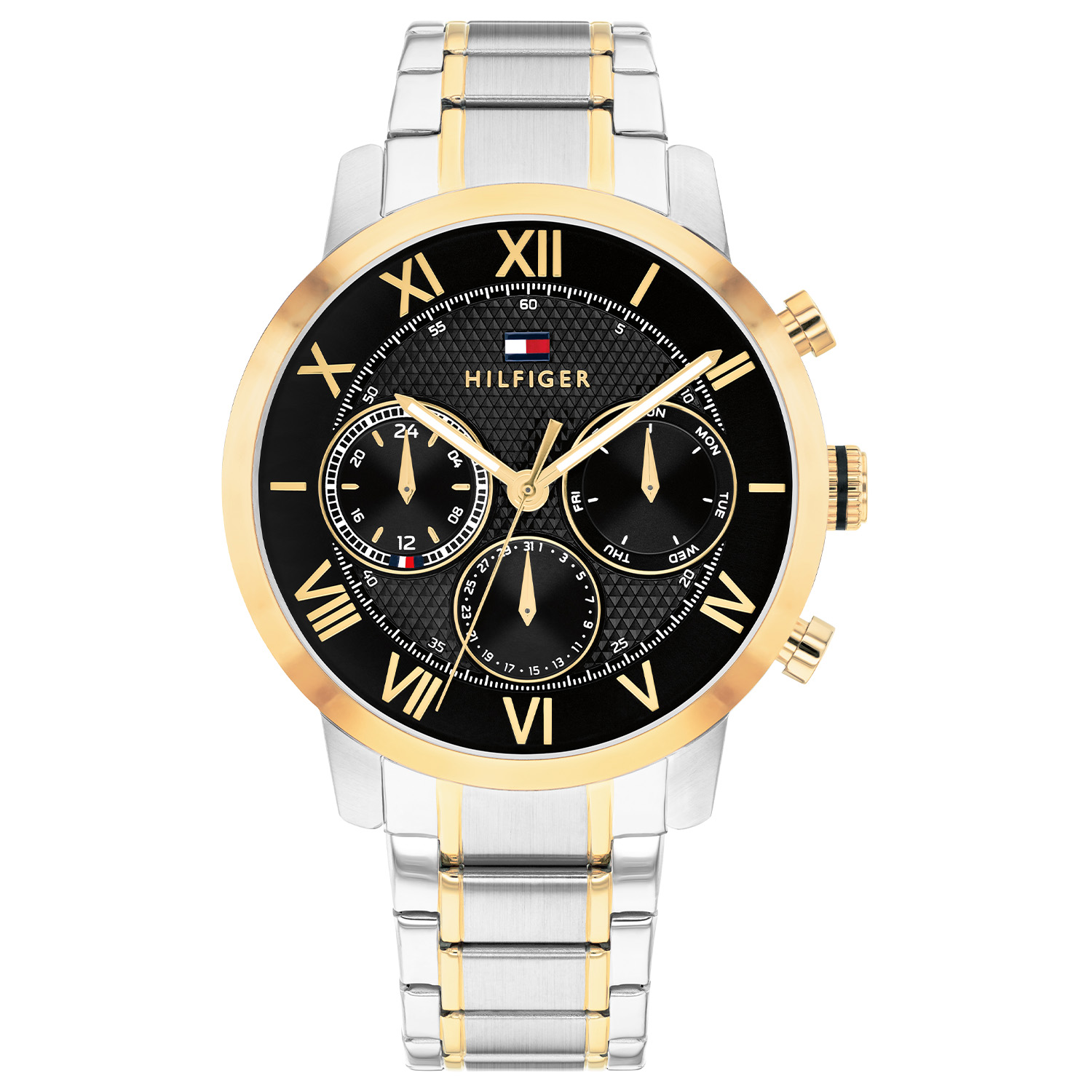 Tommy Hilfiger TH1710729 Horloge Heren Staal 42mm
Dit specifieke horloge van Tommy Hilfiger uit de TH-Oxford serie met artikelnr: TH1710729 is een sportief herenhorloge die niet in je collectie mag ontbreken. Het stalen herenhorloge heeft een ronde kast met een goudkleurige bezel en een zwarte wijzerplaat met Romeinse cijfers en een dag, datum en 24-uursaanduiding. Aan de kast zit een stalen bicolor schakelband met een vouwsluiting. Het horloge heeft een mineraalglas, een doorsnee van 42mm en is 5ATM.  

Het merk:
Sinds de lancering van het merk in 1985 is Tommy Hilfiger wereldwijd bekend geworden als pionier van de klassieke Amerikaanse coole stijl. Geïnspireerd door de iconische popcultuur en het Amerikaanse erfgoed. De dames en herencollectie van dit seizoen bestaan uit minimalistische silhouetten en rustieke lederen details. De herenhorlogecollectie biedt iconische uurwerken met roestvrijstalen, lederen en siliconen banden.

Specificaties:
- Mineraalglas
- Ronde kast 42mm
- Stalen kast
- Zwarte wijzerplaat
- Stalen bicolor schakelband 
- 5ATM