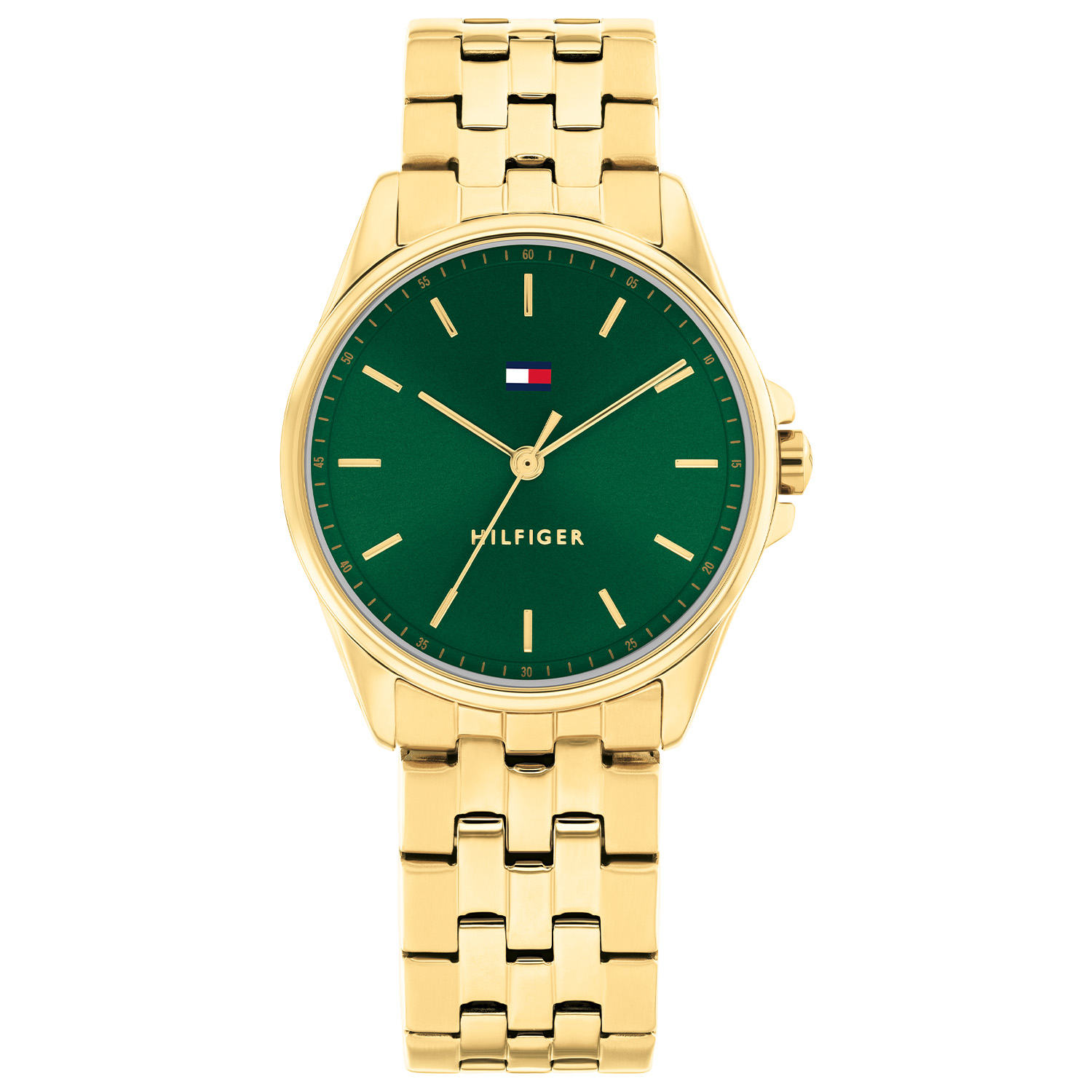 Tommy Hilfiger TH1782799 Horloge Dames Staal Goudkleurig 30mm
Dit specifieke horloge van Tommy Hilfiger uit de Jade serie met artikelnr: TH1782799 is een casual dameshorloge die niet in je collectie mag ontbreken. Het stalen dameshorloge heeft een ronde goudkleurige kast met een glanzende bezel en een groene sunray wijzerplaat met fijne wijzers en het Tommy logo. Aan de kast zit een goudkleurige mat/ glanzende schakelband met vouwsluiting. Het horloge heeft een mineraalglas, een afmeting van 30mm en is 3ATM.  

Het merk:
Sinds de lancering van het merk in 1985 is Tommy Hilfiger wereldwijd bekend geworden als pionier van de klassieke Amerikaanse coole stijl. Geïnspireerd door de iconische popcultuur en het Amerikaanse erfgoed. De dames en herencollectie van dit seizoen bestaan uit minimalistische silhouetten en rustieke lederen details. De herenhorlogecollectie biedt iconische uurwerken met roestvrijstalen, lederen en siliconen banden.

Specificaties:
- Mineraalglas
- Ronde kast 30mm
- Goudkleurige kast
- Groen wijzerplaat
- Goudkleurige schakelband 
- 3ATM