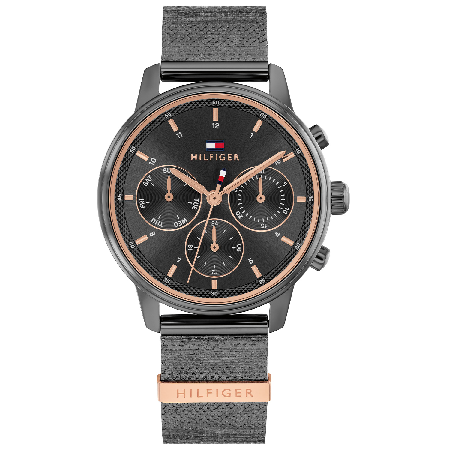 Tommy Hilfiger TH1782810 Horloge Dames Staal Gunmetal 34mm
Dit specifieke horloge van Tommy Hilfiger uit de Blake serie met artikelnr: TH1782810 is een casual dameshorloge die niet in je collectie mag ontbreken. Het stalen dameshorloge heeft een gunmetal kast met een gunmetal bewerkte sunray wijzerplaat met een dag, datum, 24-uursaanduiding, fijne wijzers en het Tommy logo. Aan de kast zit een fijne gunmetal milanese band met een druksluiting. Het horloge heeft een mineraalglas, een afmeting van 34mm en is 3ATM.  

Het merk:
Sinds de lancering van het merk in 1985 is Tommy Hilfiger wereldwijd bekend geworden als pionier van de klassieke Amerikaanse coole stijl. Ge&iuml;nspireerd door de iconische popcultuur en het Amerikaanse erfgoed. De dames en herencollectie van dit seizoen bestaan uit minimalistische silhouetten en rustieke lederen details. De herenhorlogecollectie biedt iconische uurwerken met roestvrijstalen, lederen en siliconen banden.

Specificaties:
- Mineraalglas
- Ronde kast 34mm
- Gunmetal kast
- Gunmetal wijzerplaat
- Gunmetal milanese band
- 3ATM