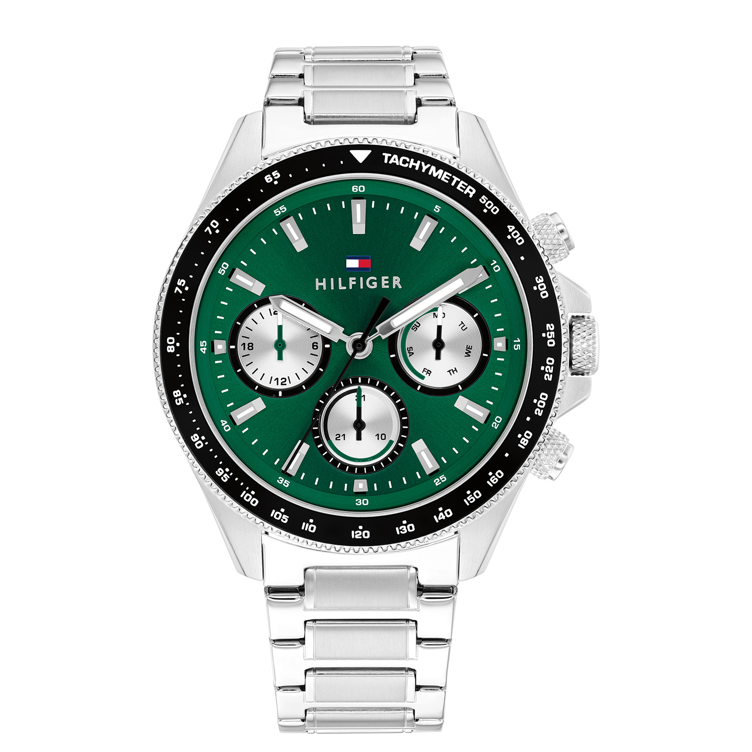 Dit Tommy Hilfiger horloge, uit de Clarck collectie, heeft een stalen band en kast. De wijzerplaat is sunray groen met zilverkleurige indexen en wijzers. Het horloge is voorzien van een dag, datum en 24-uurs aanduiding.

