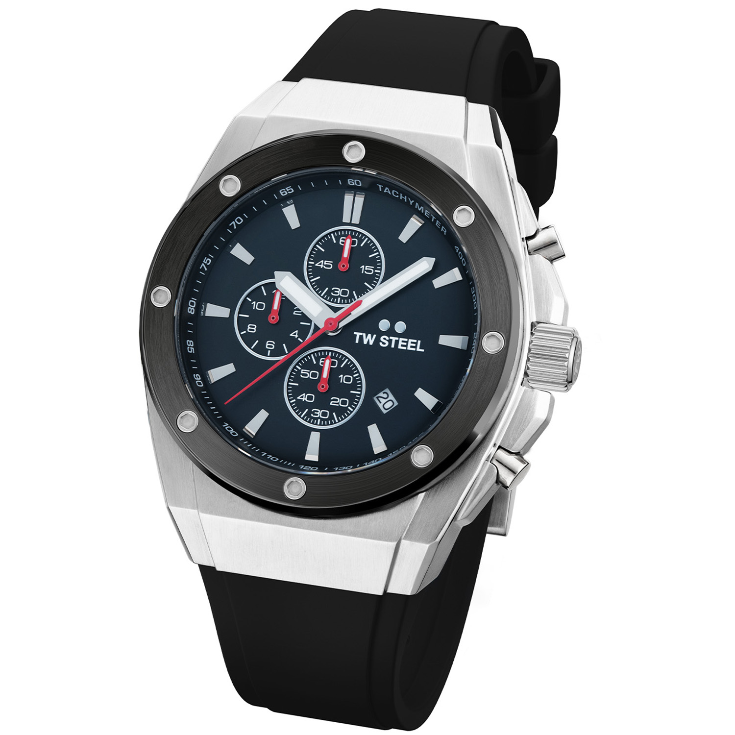 TW Steel TWCE4104 CEO Tech Steel Chrono Zwart Siliconen 44mm
Dit TW steel herenhorloge uit de CEO Tech serie met nr TWCE4104 heeft een zilverkleurige stalen horlogekast van 44mm met een zwarte bezel en een zwarte wijzerplaat met chronograaf en een datum. De uursaanduiding en de wijzers zijn opvallend door de lumibrite accenten. Het stijlvolle herenhorloge heeft een gehard mineraalglas met saffier bovenlaag en een gepolijste schroefkroon. Aan de kast zit een zwarte siliconen band met een stalen gespsluiting. Het horloge heeft wereldwijde garantie van 2 jaar en is 10 ATM. Een sportief chique model.

Het Merk:
TW Steel is een Nederlands horlogemerk. Groot in visie en onge&euml;venaard in stijl. Sinds onze oprichting in 2005 geven wij tijd een nieuwe dimensie. Met karakteristieke designs stappen wij af van de gebaande paden.
Ons bereik is wereldwijd, of het nu zakelijk, casual of sportief is, bij de horloge collectie van TW Steel gaat het om kwaliteit en precisie. Een horloge dat je persoonlijkheid onderstreept is altijd binnen handbereik. Vorm en functie gaan samen in onze horloges van Zwitserse top kwaliteit. De kunst om je te onderscheiden vergt zelfvertrouwen en lef.
TW Steel is niet zomaar een horloge, TW Steel is een statement.

Specificaties:
- Stalen horloge kast 44mm
- Zwarte wijzerplaat
- Zwarte siliconen band
- Gehard mineraalglas
- Schroefkroon
- 10 ATM