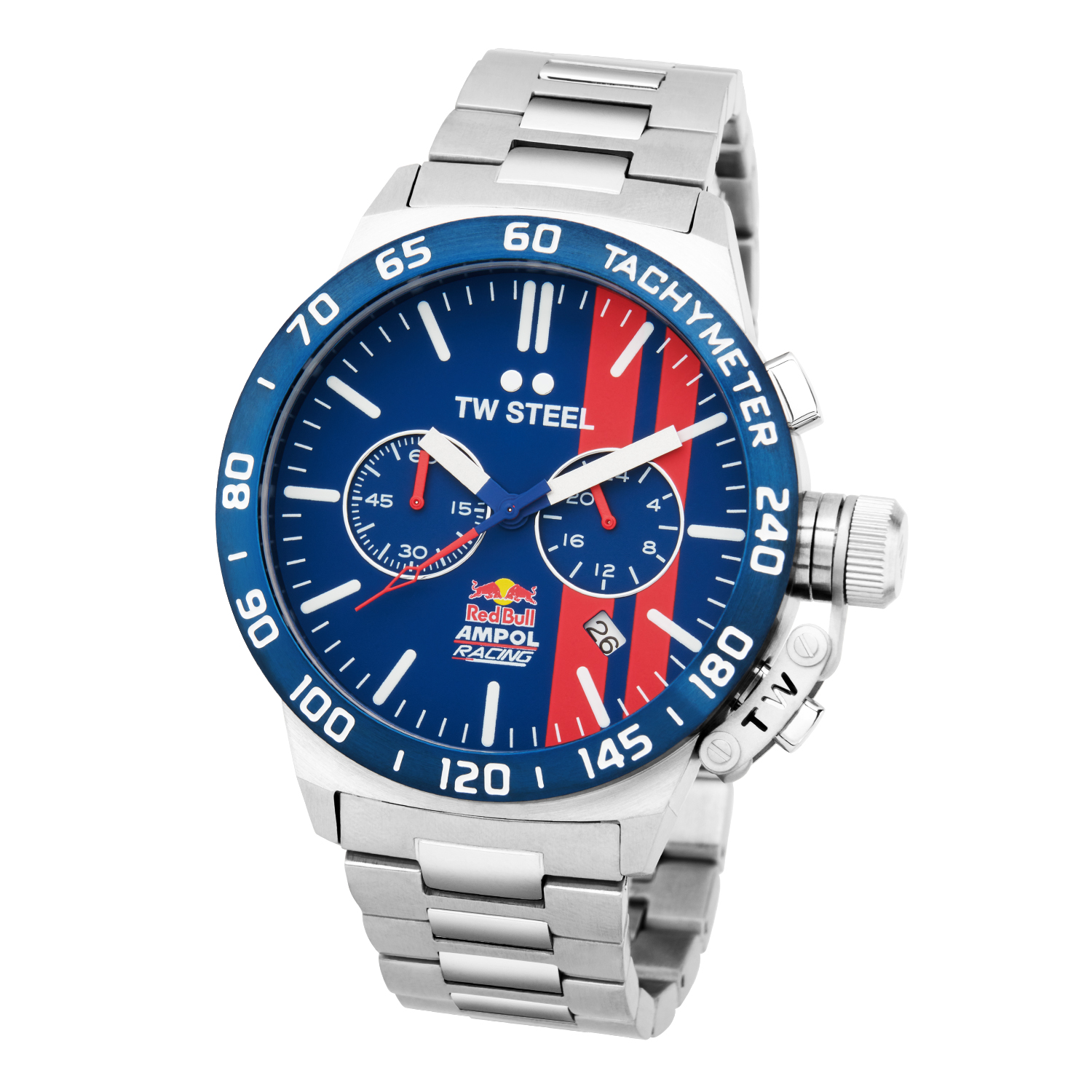 TW Steel TWCS121 Canteen Red Bull Ampol Chrono Blauw Staal 45mm
Deze TW steel uit de Canteen serie met nr TWCS121 is voorzien van een 45mm stalen kast met gehard mineraalglas. De TWCS121 valt op door de grote drukknoppen en schroefkroon met hendel, de blauw, rood, gele sportkleuren en de lumibrite strepen en wijzers. De stalen kast heeft een tachymeter op de bezel en een datum en chronograaf. Heel opvallend is het Red Bull logo op de wijzerplaat. Aan de kast zit een zilverkleurige stalen schakelband met vouwsluiting. Het horloge heeft wereldwijde garantie van 2 jaar en is 10 ATM. Een sportief model.

Het Merk:
TW Steel is een Nederlands horlogemerk. Groot in visie en onge&euml;venaard in stijl. Sinds onze oprichting in 2005 geven wij tijd een nieuwe dimensie. Met karakteristieke designs stappen wij af van de gebaande paden.
Ons bereik is wereldwijd, of het nu zakelijk, casual of sportief is, bij de horloge collectie van TW Steel gaat het om kwaliteit en precisie. Een horloge dat je persoonlijkheid onderstreept is altijd binnen handbereik. Vorm en functie gaan samen in onze horloges van Zwitserse top kwaliteit. De kunst om je te onderscheiden vergt zelfvertrouwen en lef.
TW Steel is niet zomaar een horloge, TW Steel is een statement.

Specificaties:
- Stalen horloge kast 45mm
- Chronograaf
- Blauwe wijzerplaat met rode strepen
- Zilverkleurige stalen schakelband
- Gehard mineraalglas
- Schroefkroon
- 10 ATM