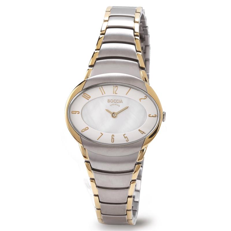 Boccia Titanium 3255-04
Dit dameshorloge van Boccia Titanium heeft een nette uitstraling. De tweekleurige horlogekast zorgt voor een stijlvolle look en de parelmoer wijzerplaat maakt het horloge chique. Het horloge heeft een ovale kast met een diameter van 32mm, een mineraalglas en is 5ATM. Combineer dit prachtige exemplaar met de andere sieraden van Boccia Titanium voor een complete look. Aan de titanium kast zit een titanium bi-color schakelband.

HET MERK
Boccia Titanium is het titanium merk van Nederland, dat zijn oorsprong in Duitsland vindt en is opgericht in het jaar 1992. Ontwikkeld door internationale ontwerpers. Alle titanium componenten van de BOCCIA TITANIUM collectie zijn gemaakt van 99,7% puur titanium; het bijzondere materiaal. Het is licht in gewicht, neemt de temperatuur van de huid aan en is zeer huidvriendelijk. Bovendien is het corrosie- en temperatuurbestendig.

SPECIFICATIES
- Mineraal glas
- Ovale titanium horlogekast, &Oslash; 32mm
- Titanium bi-color schakelband
- Parelmoer wijzerplaat
- 5ATM (Regen- & spatwaterdicht)