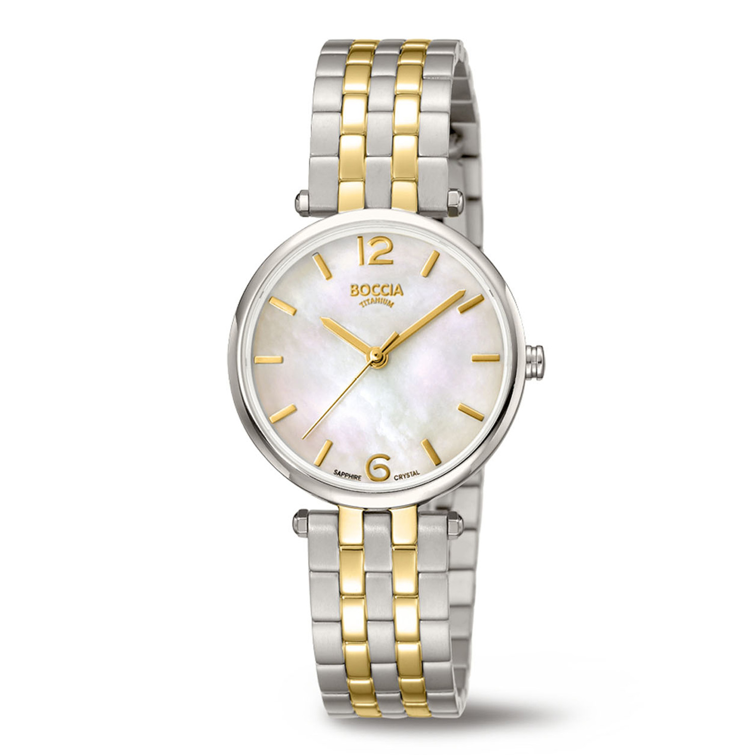 Boccia Horloge Titanium Verguld 3339-04
Dit dameshorloge van Boccia heeft een klassieke uitstraling. De 3339-04 heeft een ronde titanium horlogekast met een diameter van 30mm met een parelmoer wijzerplaat met een goudkleurige uursaanduiding. Met een vaste aanzet aan de titanium kast zit een bicolor horlogeband met vouwsluiting. Het horloge heeft een saffierglas en is 5ATM. Of je nu klassiek of chique gekleed gaat, dit horloge past bij elke outfit en iedere gelegenheid!

HET MERK
Boccia Titanium is het titanium merk van Nederland, dat zijn oorsprong in Duitsland vindt en is opgericht in het jaar 1992. Ontwikkeld door internationale ontwerpers. Alle titanium componenten van de BOCCIA TITANIUM collectie zijn gemaakt van 99,7% puur titanium; het bijzondere materiaal. Het is licht in gewicht, neemt de temperatuur van de huid aan en is zeer huidvriendelijk. Bovendien is het corrosie- en temperatuurbestendig.

SPECIFICATIES
- Saffierglas
- Ronde titanium horlogekast, Ø 30mm
- Bicolor titanium schakelband
- Parelmoer wijzerplaat 
- 5ATM