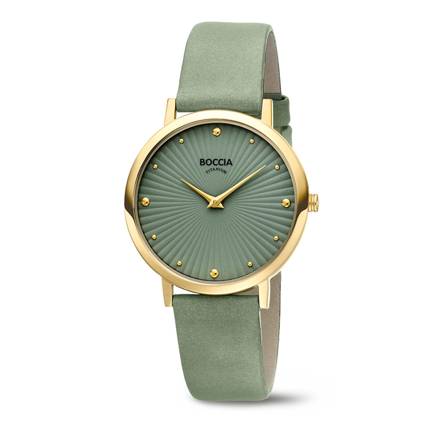 Boccia Titanium 3365-04 Dames 
Dit dameshorloge van Boccia heeft een klassieke uitstraling. De 3365-04 heeft een ronde goudkleurige titanium horlogekast met een diameter van 34mm met een groene bewerkte wijzerplaat met een fijne uursaanduiding. Aan de titanium kast zit een groene lerenband met een gespsluiting. Het horloge heeft een mineraalglas en is 5ATM. Of je nu klassiek of chique gekleed gaat, dit horloge past bij elke outfit en iedere gelegenheid!

HET MERK
Boccia Titanium is het titanium merk van Nederland, dat zijn oorsprong in Duitsland vindt en is opgericht in het jaar 1992. Ontwikkeld door internationale ontwerpers. Alle titanium componenten van de BOCCIA TITANIUM collectie zijn gemaakt van 99,7% puur titanium; het bijzondere materiaal. Het is licht in gewicht, neemt de temperatuur van de huid aan en is zeer huidvriendelijk. Bovendien is het corrosie- en temperatuurbestendig.

SPECIFICATIES
- Mineraalglas
- Ronde titanium horlogekast, Ø 34mm
- Groene lerenband
- Groene wijzerplaat 
- 5ATM