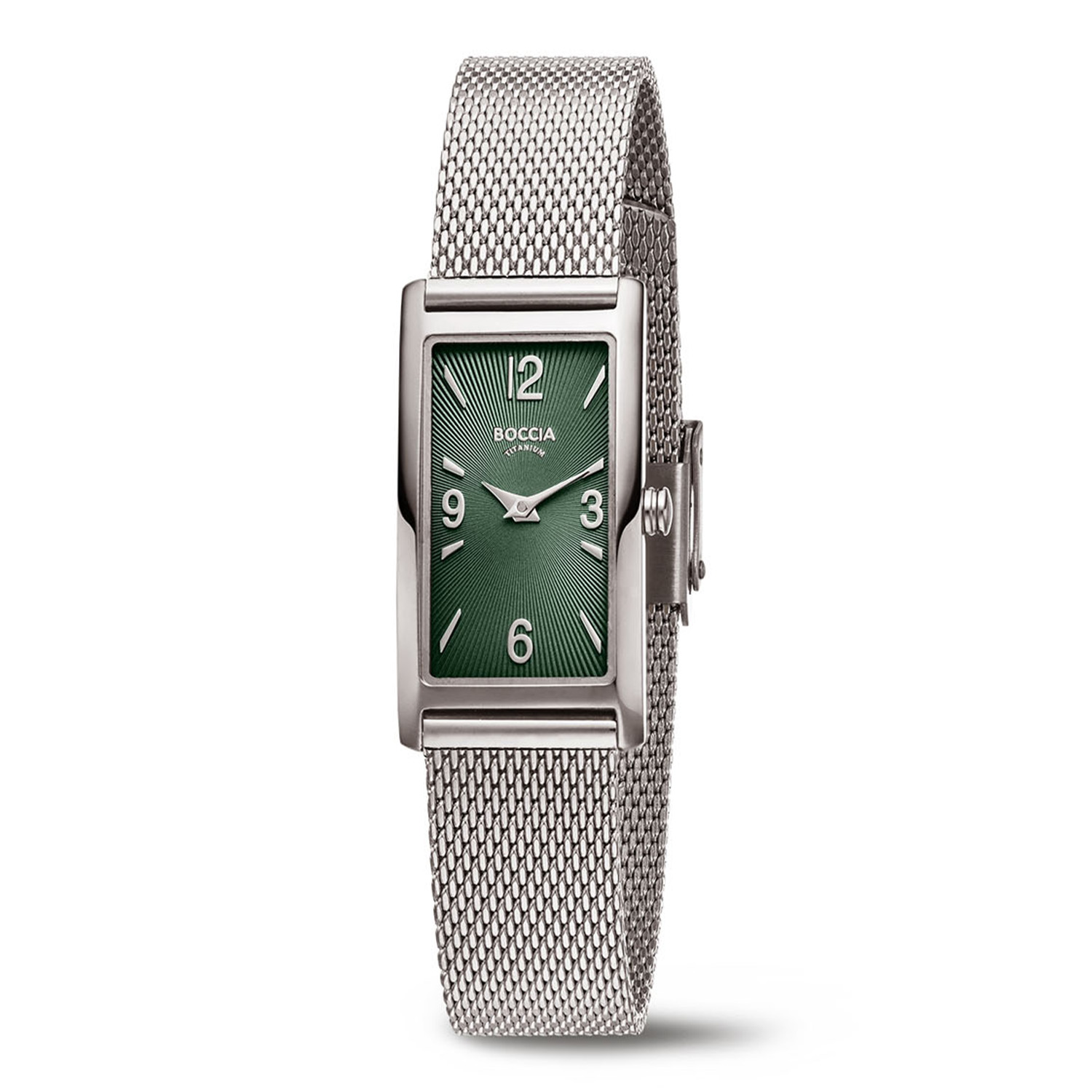 Boccia Titanium 3366-01 Dames 
Dit dameshorloge van Boccia heeft een klassieke uitstraling. De 3366-01 heeft een rechthoekig titanium horlogekast met een afmeting van 35x18mm met een groene bewerkte wijzerplaat met een fijne uursaanduiding. Aan de titanium kast zit een zilverkleurige milanese band met een druksluiting. Het horloge heeft een mineraalglas en is 3ATM. Of je nu klassiek of chique gekleed gaat, dit horloge past bij elke outfit en iedere gelegenheid!

HET MERK
Boccia Titanium is het titanium merk van Nederland, dat zijn oorsprong in Duitsland vindt en is opgericht in het jaar 1992. Ontwikkeld door internationale ontwerpers. Alle titanium componenten van de BOCCIA TITANIUM collectie zijn gemaakt van 99,7% puur titanium; het bijzondere materiaal. Het is licht in gewicht, neemt de temperatuur van de huid aan en is zeer huidvriendelijk. Bovendien is het corrosie- en temperatuurbestendig.

SPECIFICATIES
- Mineraalglas
- Rechte titanium horlogekast, 35x18mm
- Stalen milanese band
- Groene wijzerplaat 
- 3ATM