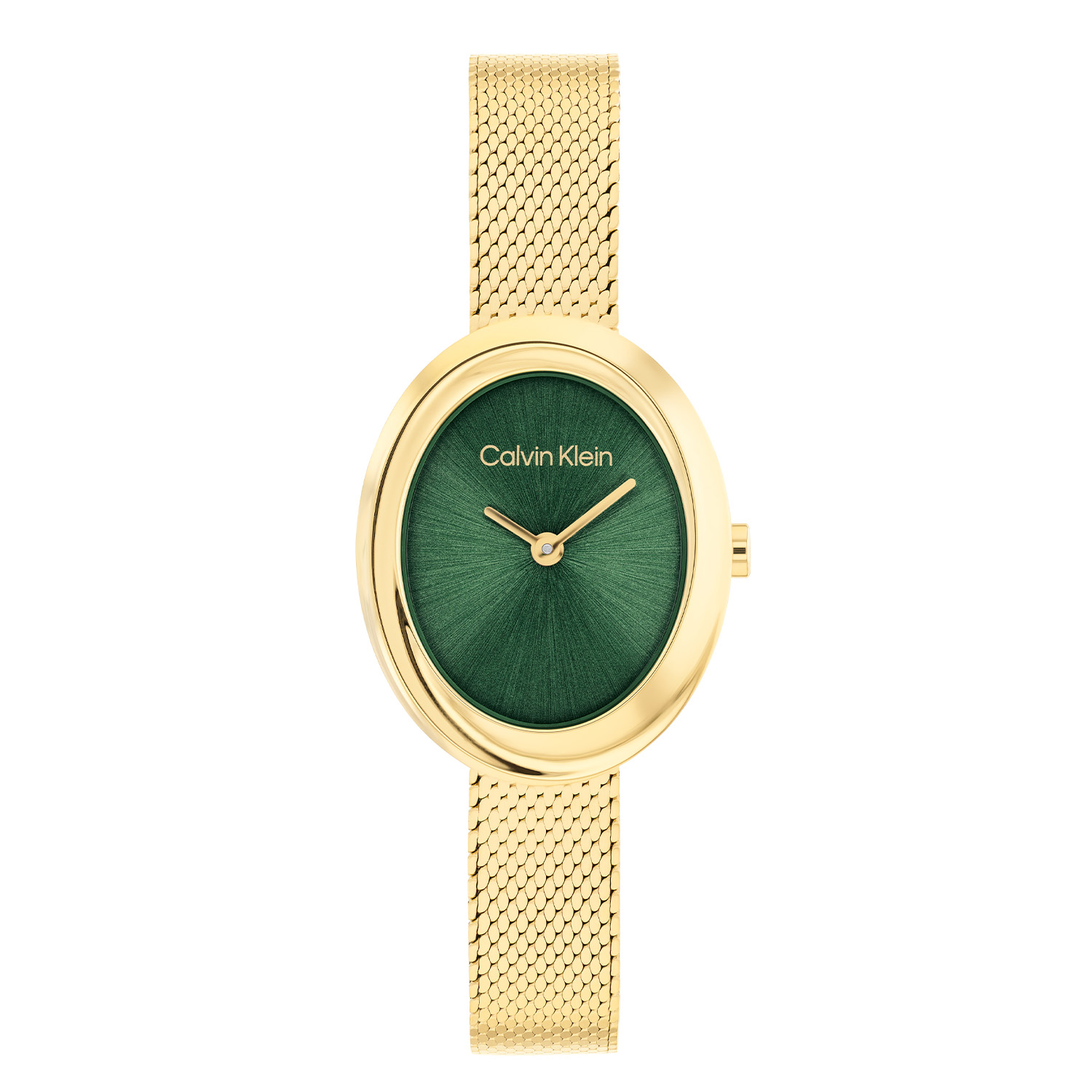 Calvin Klein CK25100152 Dames Horloge 24mm 
Dit Calvin Klein dameshorloge met nr CK25100152 heeft een chique ontwerp. Het stalen goudkleurige horloge heeft een ovaal kastje met een gladde, bolle bezel en een groene sunray wijzerplaat met fijne wijzers en de merknaam. Vanuit de kast zit een goudkleurige stalen milanese band met een druksluiting. Het dameshorloge heeft een mineraalglas, een doorsnee van 24mm en is 3ATM.

OVER CALVIN KLEIN
Calvin Klein is een wereldwijd lifestylemerk dat gewaagde, vooruitstrevende idealen en een verleidelijke, vaak minimalistische, esthetiek nastreeft. Calvin Klein werd groot in de jaren 70 door haar mode- en merkjeans collecties. In de jaren 80 lanceerde Calvin Klein haar spraakmakende ondergoed dat uitdrukkelijk van logo ’s voorzien was. Vanwege het grote succes is het merk ook succesvol uitgerold in Accessoires, Parfums, Home, Brillen, Golf, Horloges en Sieraden.
Sinds de oprichting in 1968 door Calvin Klein, heeft het merk haar reputatie opgebouwd als leider in de Amerikaanse mode, dankzij een cleane esthetiek en innovatieve ontwerpen. Calvin Klein wil haar publiek verleiden en inspireren door middel van provocerende beelden en opvallende ontwerpen die prikkelen. 

SPECIFICATIES:
- Mineraalglas
- Stalen goudkleurige kast
- Groene wijzerplaat 
- Stalen goudkleurige milanese band
- Ovale kastvorm, Ø 24mm
- 3ATM