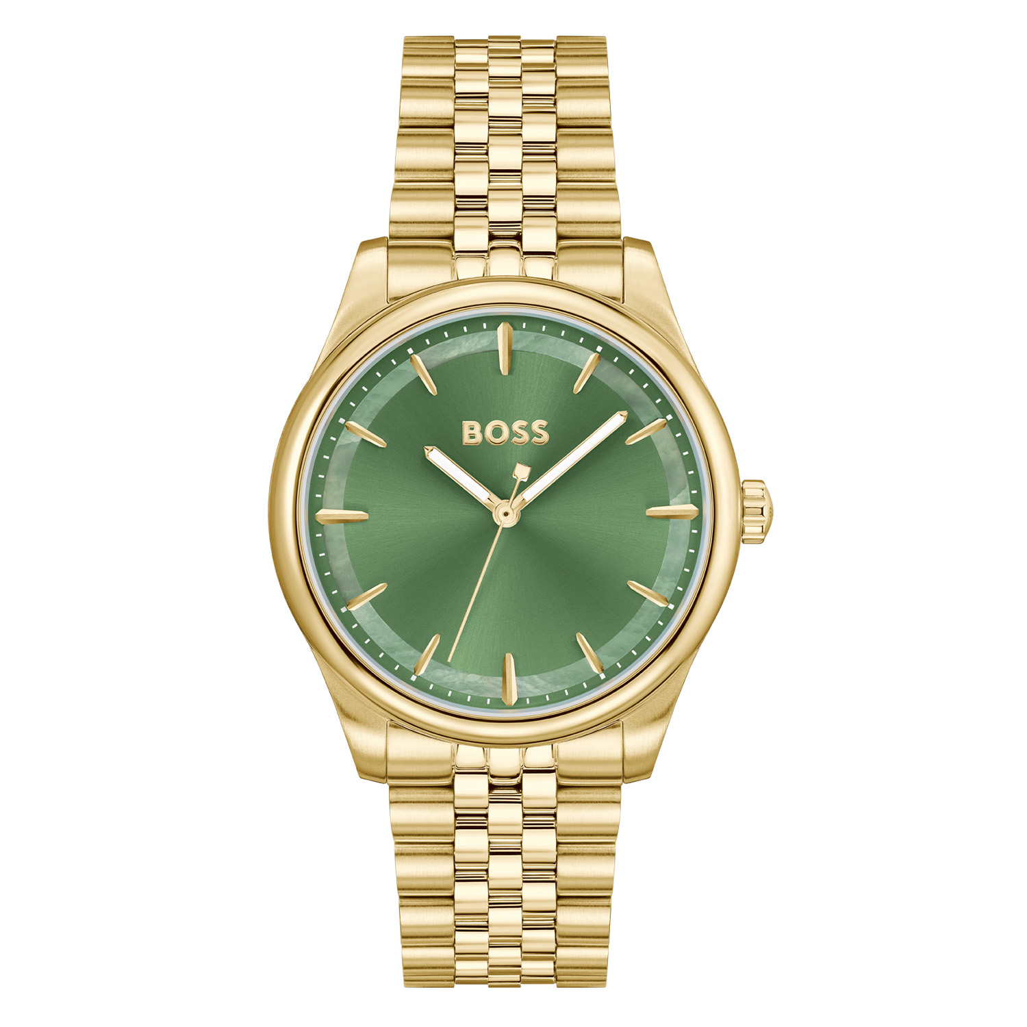 BOSS HB1502780 GRACEFUL Dameshorloge 36mm 
Dit BOSS horloge uit de GRACEFUL serie met artikelnr: HB1502780 heeft een luxe uitstraling. Zeer geschikt voor de moderne stijlvolle vrouw van nu. Het dameshorloge valt op door zijn stalen goudkleurige horlogekast met een gladde goudkleurige bezel en een groene sunray wijzerplaat met een parelmoer buitenrand. Opvallend zijn de fijne wijzers en het strakke BOSS logo. Aan de kast zit een stalen mat glanzende goudkleurige schakelband met een vouwsluiting. Het horloge heeft een doorsnee van 36mm met een mineraalglas en is 3ATM. 

HET MERK:
HUGO BOSS is afgestemd op levensstijlen waar het gaat om kwaliteit en precisie. Het wereldwijde fashionlabel is verdeeld in twee merken: BOSS en HUGO. Het merk BOSS biedt geavanceerde, moderne horloges gericht op kwaliteit en design om een onberispelijke look te creëren – of het nu zakelijk, casual of sportief is. De horloge collectie van BOSS is perfect afgestemd op levensstijlen waar het gaat om kwaliteit en precisie. BOSS is op maat gemaakt in een onberispelijke stijl.

Blijf stijlvol bij de tijd. Voor de BOSS-vrouw is stijl het handelsmerk en draait alles om
details. Breng uw look naar een hoger niveau met onze nieuwe en kenmerkende horlogecollectie.

SPECIFICATIES:
- Mineraalglas
- Ronde kastvorm, Ø 36mm
- Stalen horlogekast
- Groene wijzerplaat
- Stalen schakelband
- 3ATM