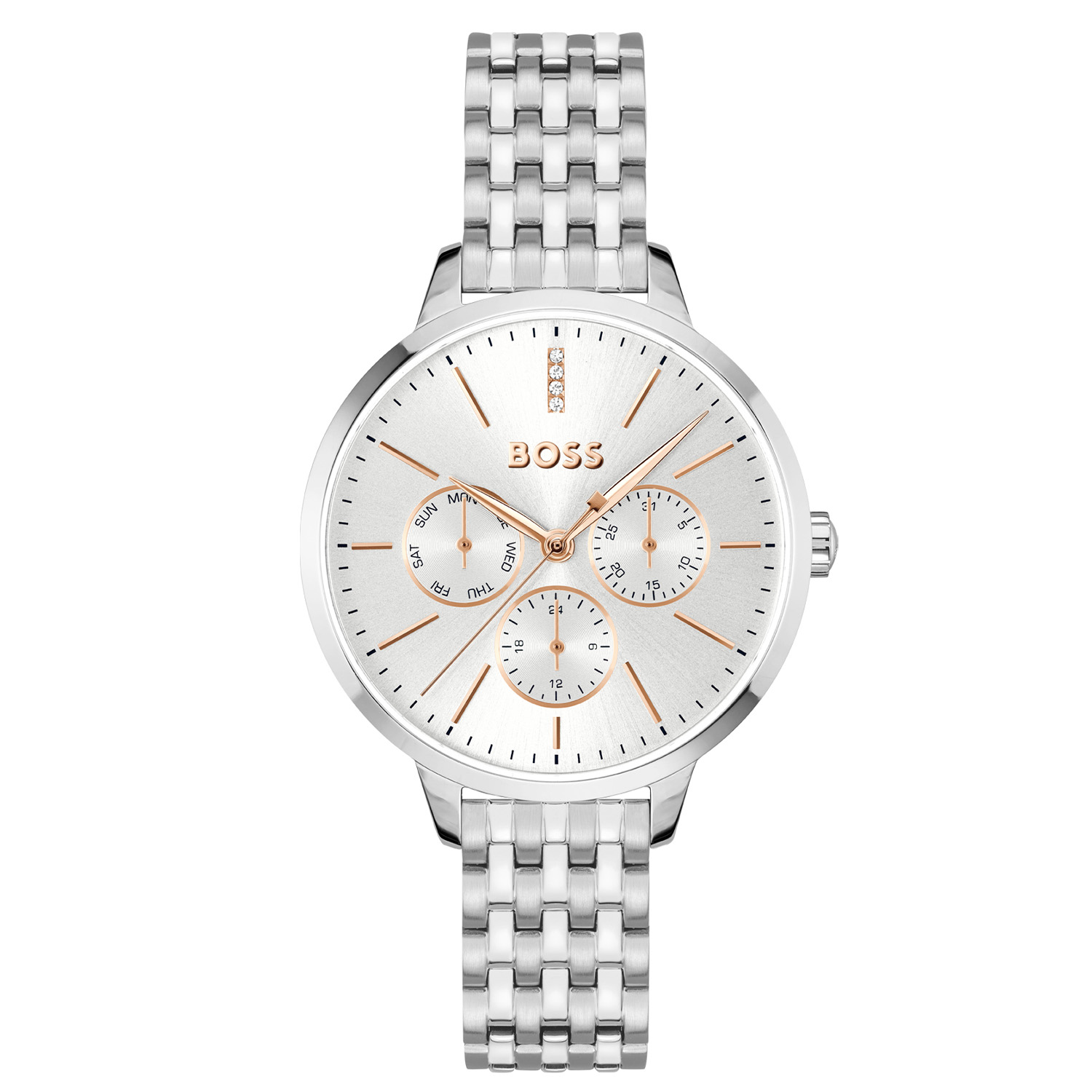 BOSS HB1502781 SYMPHONY Dameshorloge 38mm 
Dit BOSS horloge uit de SYMPHONY serie met artikelnr: HB1502781 heeft een elegante uitstraling. Zeer geschikt voor de moderne stijlvolle vrouw van nu. Het dameshorloge valt op door zijn stalen horlogekast met een gladde bezel en een zilverwitte sunray wijzerplaat met een dag, datum en 24-uursaanduiding. Opvallend zijn de fijne wijzers, 4 kristallen op de 12 en het strakke BOSS logo. Aan de kast zit een mat glanzende zeer fijne stalen schakelband zit met een vouwsluiting. Het horloge heeft een doorsnee van 38mm met een mineraalglas en is 3ATM. 

HET MERK:
HUGO BOSS is afgestemd op levensstijlen waar het gaat om kwaliteit en precisie. Het wereldwijde fashionlabel is verdeeld in twee merken: BOSS en HUGO. Het merk BOSS biedt geavanceerde, moderne horloges gericht op kwaliteit en design om een onberispelijke look te creëren – of het nu zakelijk, casual of sportief is. De horloge collectie van BOSS is perfect afgestemd op levensstijlen waar het gaat om kwaliteit en precisie. BOSS is op maat gemaakt in een onberispelijke stijl.

Blijf stijlvol bij de tijd. Voor de BOSS-vrouw is stijl het handelsmerk en draait alles om
details. Breng uw look naar een hoger niveau met onze nieuwe en kenmerkende horlogecollectie.

SPECIFICATIES:
- Mineraalglas
- Ronde kastvorm, Ø 38mm
- Stalen horlogekast
- Zilverwitte wijzerplaat met kristal
- Stalen schakelband
- 3ATM